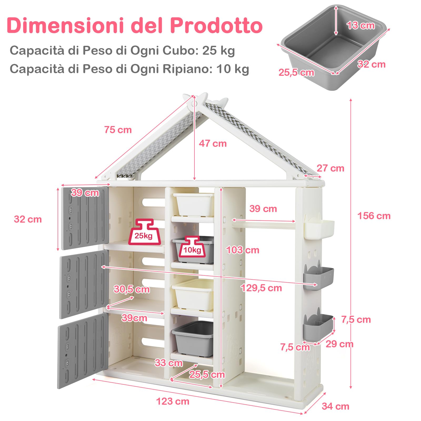RELAX4LIFE Armadio Guardaroba Bambini 34x130x156 cm Grigio con Barra Appendiabiti 4 Scatole 3 Scomparti