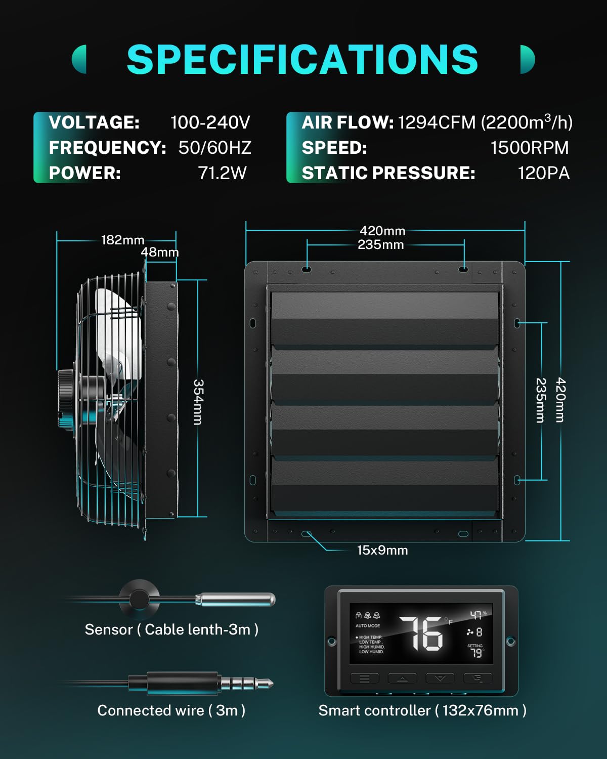 HG Power 350 mm Ventilatore di Scarico con Regolatore di Temperatura e Umidità 2200m³/h Ventilatore Industriale Intelligente da Parete con Motore EC per Cantina Garage Cucina Serra