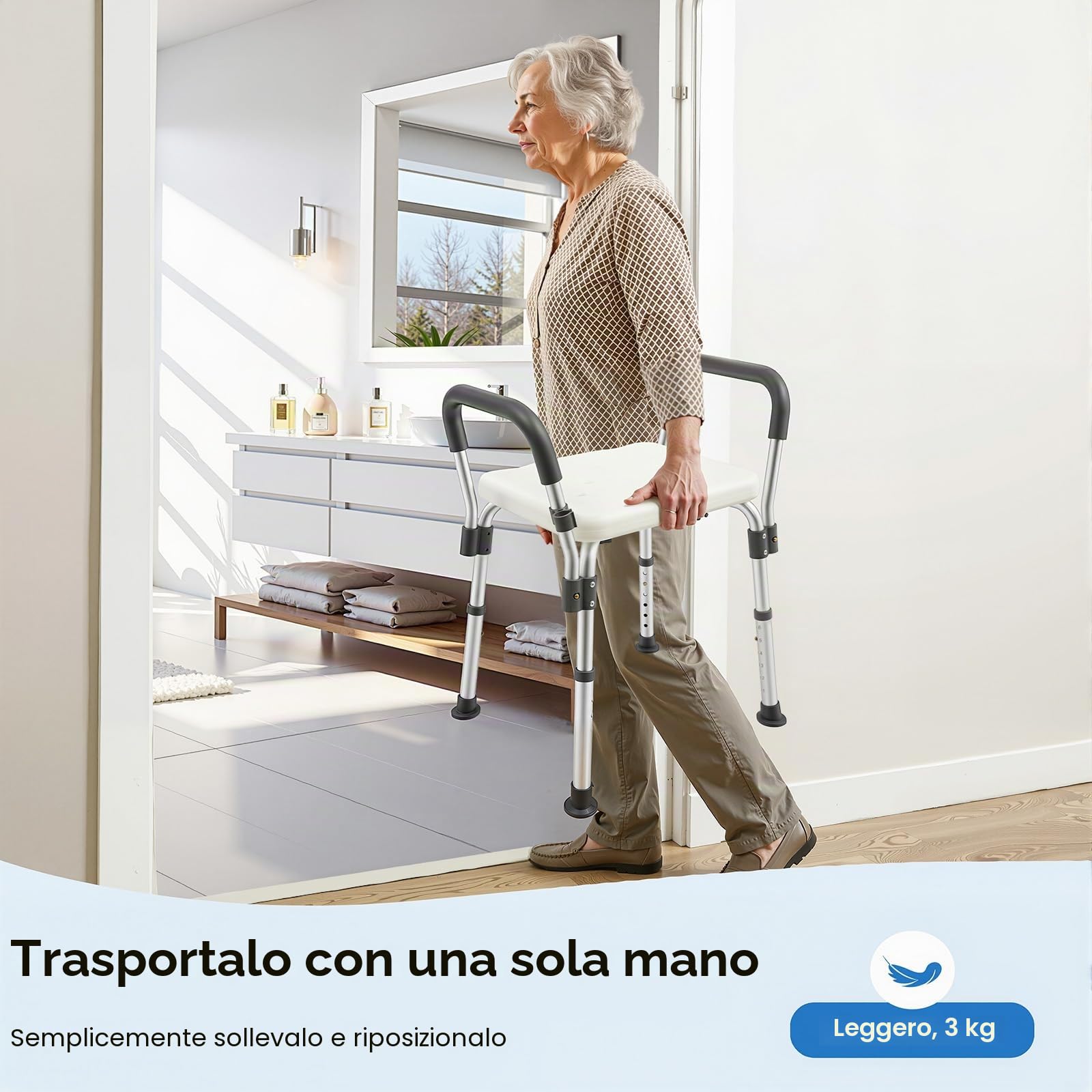 Sedia da doccia senza schienale con braccioli, sedia da doccia regolabile in altezza, per doccia interna, con capacità di 150 kg
