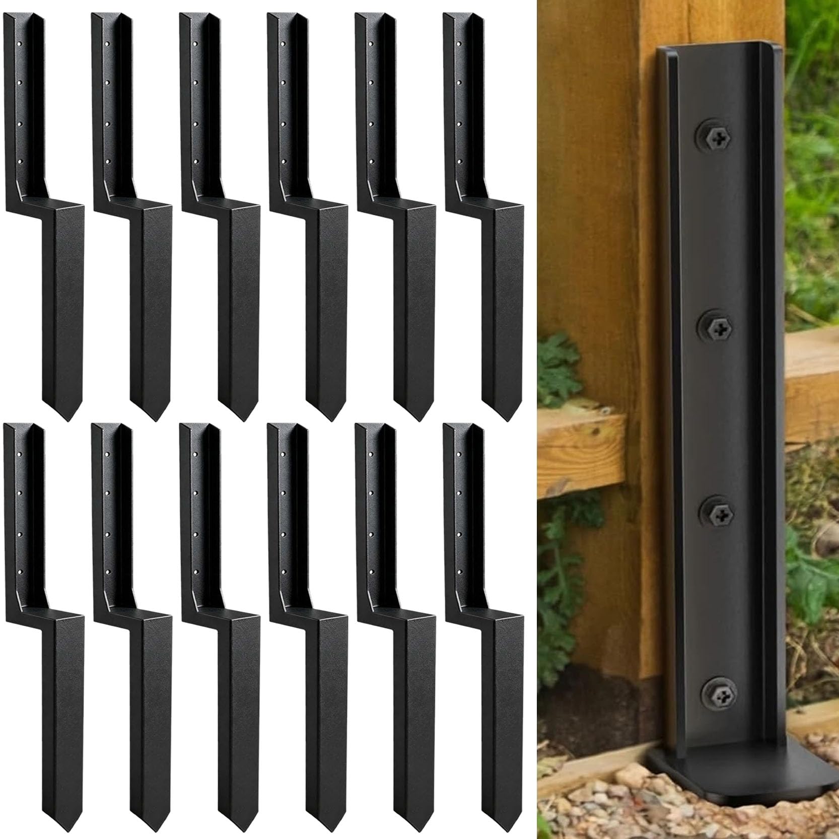 GOUZIBHD 12-Pack Fence Post Repair Kit Post Anchors Quick Fix Broken Leaning Wood Posts Support Fence Post Anchor with One-Piece Steel Anchor Stakes Thickened 12-Pack