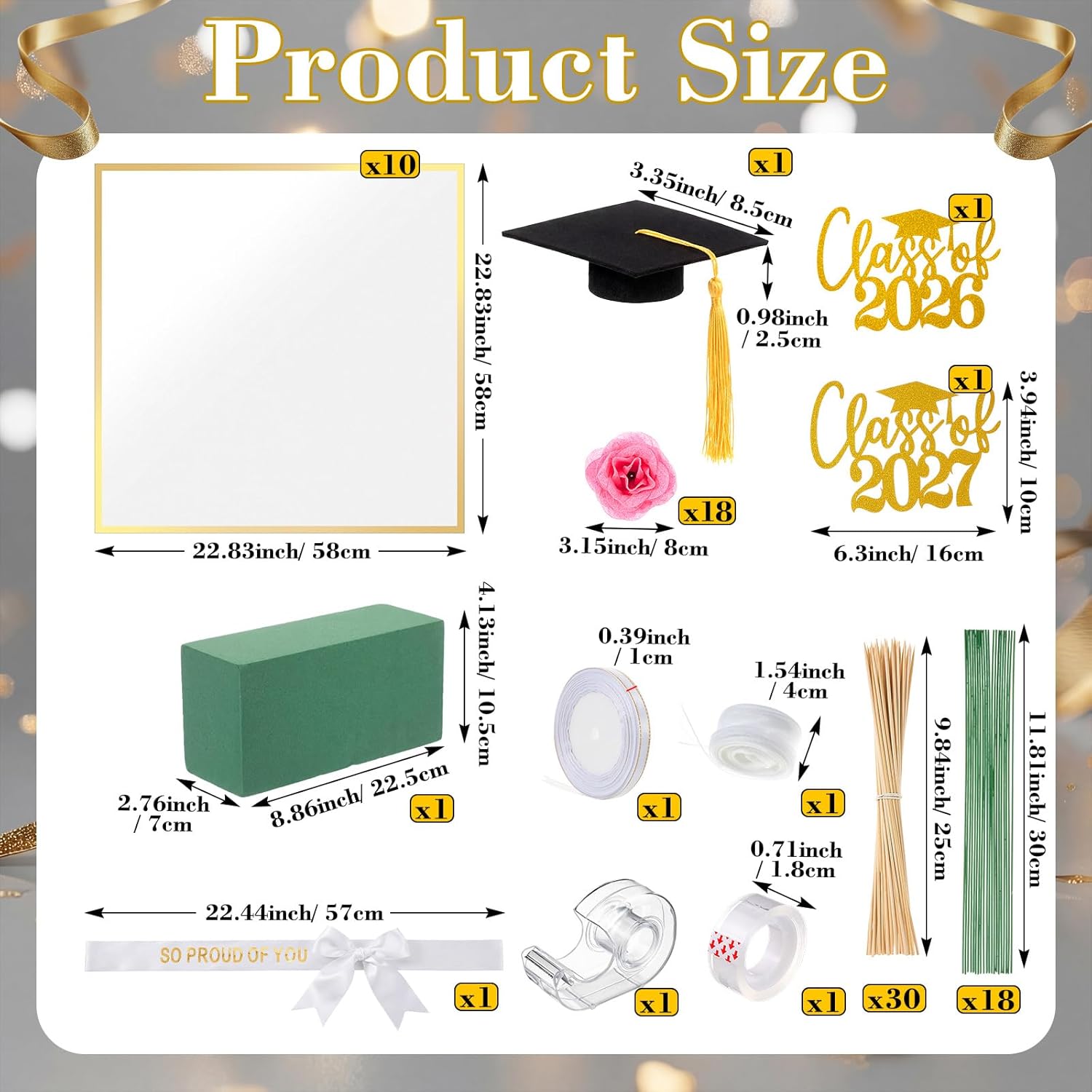 68 Pcs Graduation Glitter Roses Bouquet Wrapping Accessories Kit, 18 Roses 10 Wrapping Paper 1 Card Cap 2 Card Inserts 3 Ribbons DIY Crafts Gifts for Graduation Mother's Day(Pink)