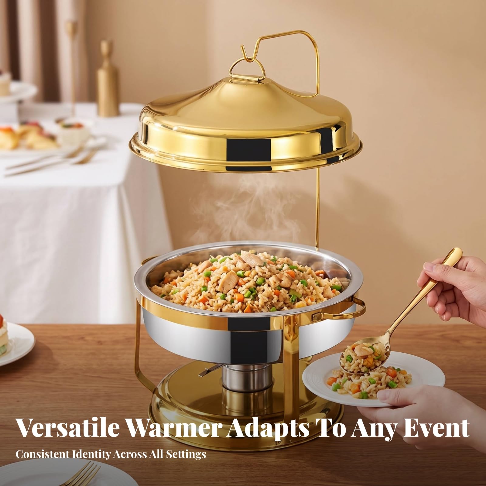 Scaldavivande Finitura in Metallo Lucido, Chafing Dish con Coperchio a Cupola, Resistente Ruggine, Scaldavivande con Coperchio a Rullo, Argento