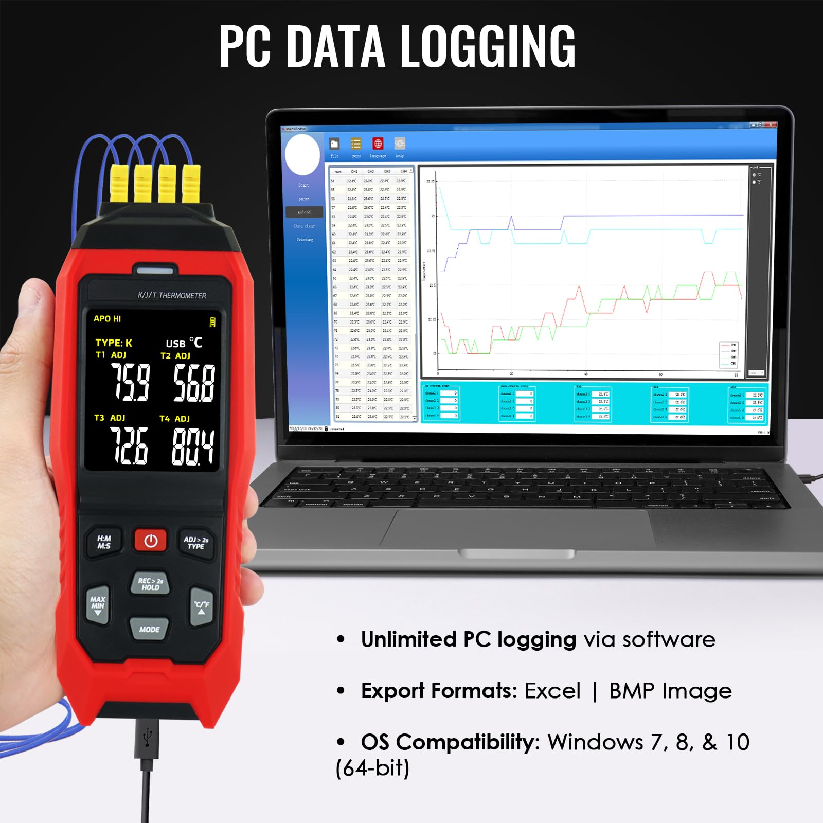 Termometro Datalogger Termocoppia K/J -328~2501°F, Display a 4 Canali, Registrazione Dati in Tempo Reale, Allarme Uditivo e Visivo