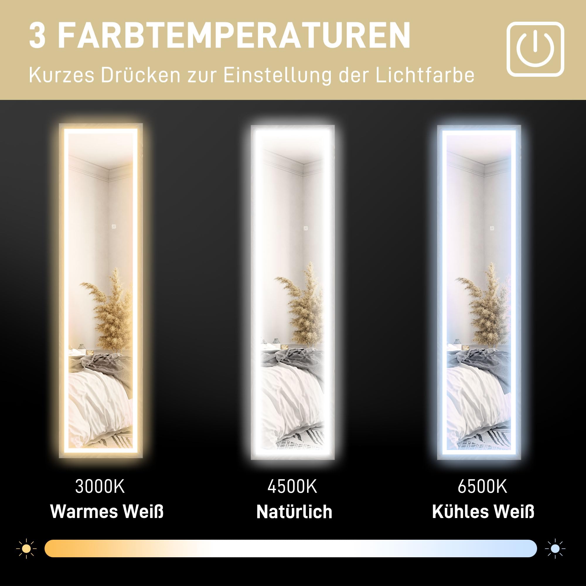HOMCOM Ganzkörperspiegel 40 x 160 cm Standspiegel mit LED-Lichte, 3 Lichtfarben, Wandspiegel mit Touch-Steuerung, Bodenspiegel für Schlafzimmer, Wohnzimmer, Grau