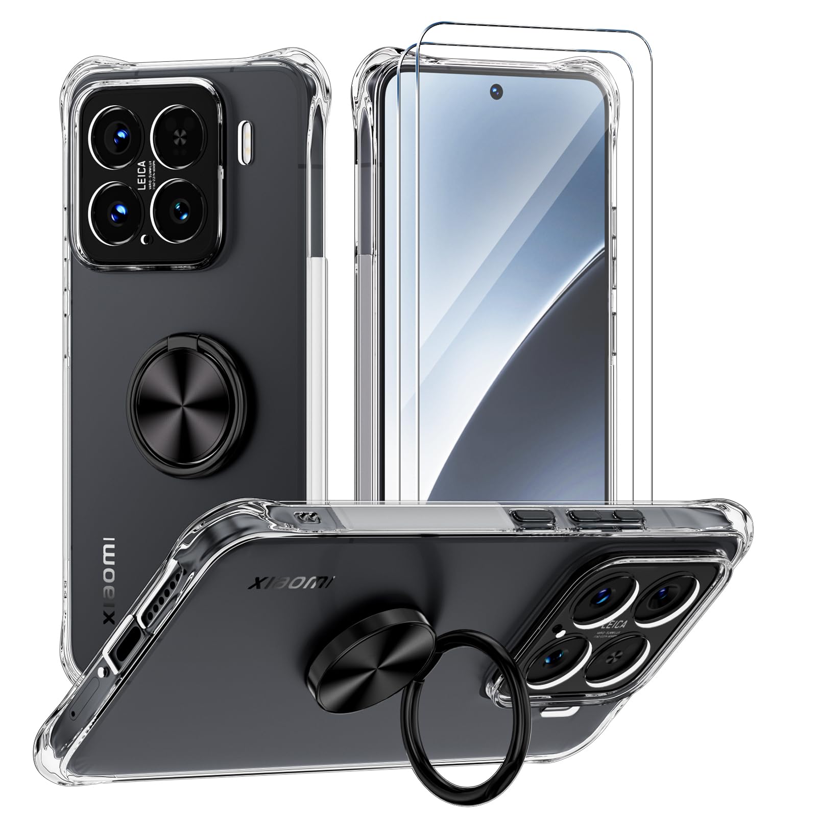 Coque iPhone 17e et 16e transparente avec bague rotative noire et protection antichoc en TPU