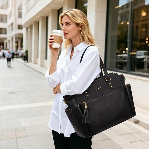 Miniatura 2 de LOVEVOOK Bolsa de mano para laptop para mujer de 15.6 pulgadas, bolsa de trabajo vintage con gran portavasos, bolsa impermeable para computadora y