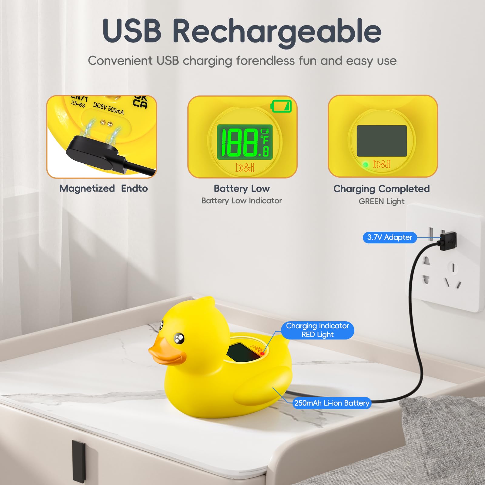 b&h Wiederaufladbares Baby-Badethermometer, digitales schwimmendes Duschthermometer für Neugeborene Badewanne und Zimmer, verbesserte Ausschaltfunktion, schnelle Temperaturmessung, Sicherheit