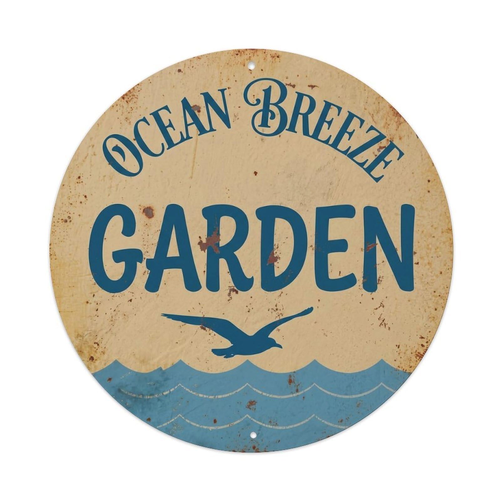 Ocean Breeze Garden Vintage Metal Tin Sign Plaque Wall Decor for Cafe, Club, Garden Round Metal Poster 8x8Inch
