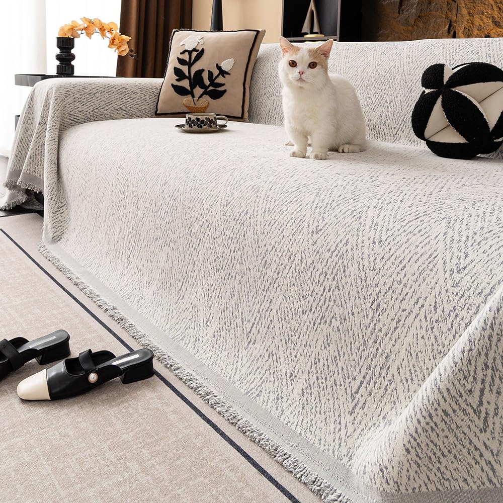 LIQOOEO Boho Chenille Sofa Throw with Tassel Fringe