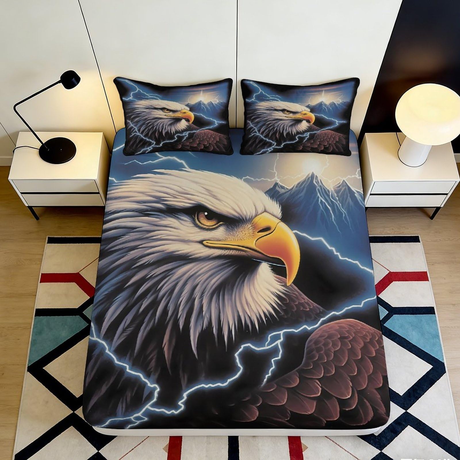 3D Printed Eagle Design Fitted Sheet Microfiber Soft Breathable Lightning Bed Cover for Bedroom Dormitory Guest Room Mattress Protection 140x200x25cm