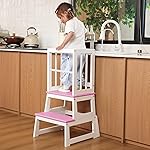Kids Kitchen Step Stool, Ideal Toddler Learning Standing Tower, 2025 New Upgrade with an Anti-tip Structure and Anti-Drop Safety Bar, More Stable and Safer - White Pink