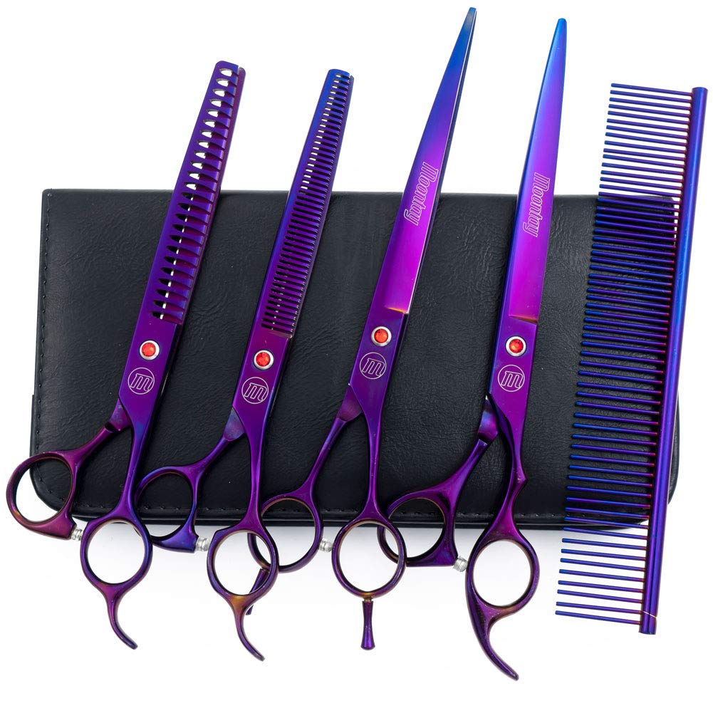 Moontay Professional Dog Grooming Scissors Set, 7 Inch/8 Inch Pet Grooming Scissors Chunkers Shears for Dog, Curved Dog Grooming Scissors, Thinning Shears for Dog with Comb (8 inch, Purple)