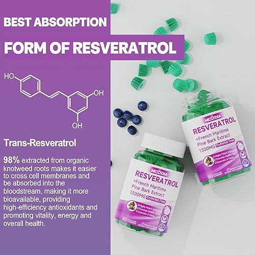 Miniatura 4 de Suplemento de resveratrol de 1000 mg - Gomitas de resveratrol sin azúcar con extracto de corteza de pino, quercetina, fisetina y semilla de uva para