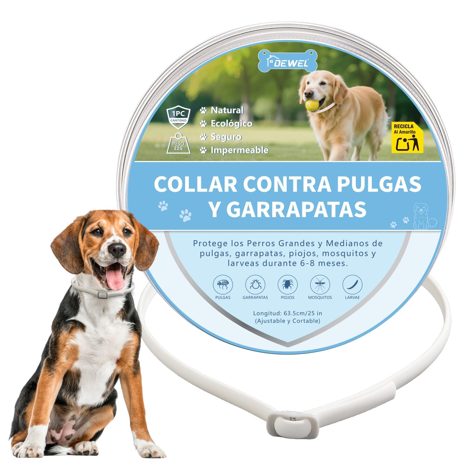DEWEL Collar Antiparasitarios para Perros Grandes y Medianos 63,5 cm, Protege Perros de Pulgas, Garrapatas, Mosquitos, Piojos de 8 Meses, Cuello contra Pulgas y Garrapatas Ajustable Blanco