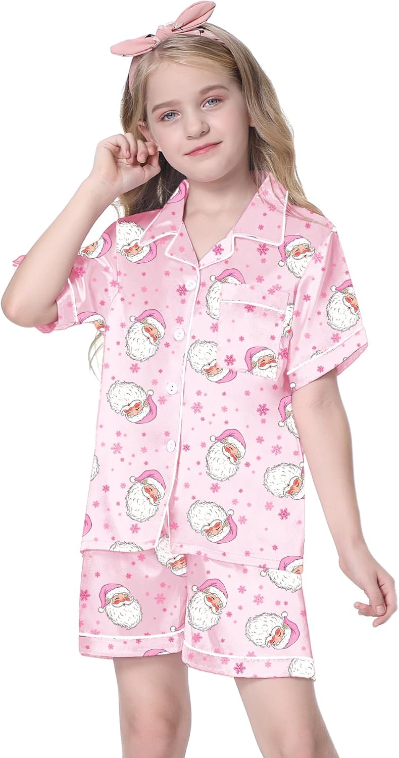 Schbbbta Girls Womens Pajamas, Satin Silky Pjs Set Kids 2Pcs Button-Down Nightwear Sleepwear Gift for Mommy and me - Image 2