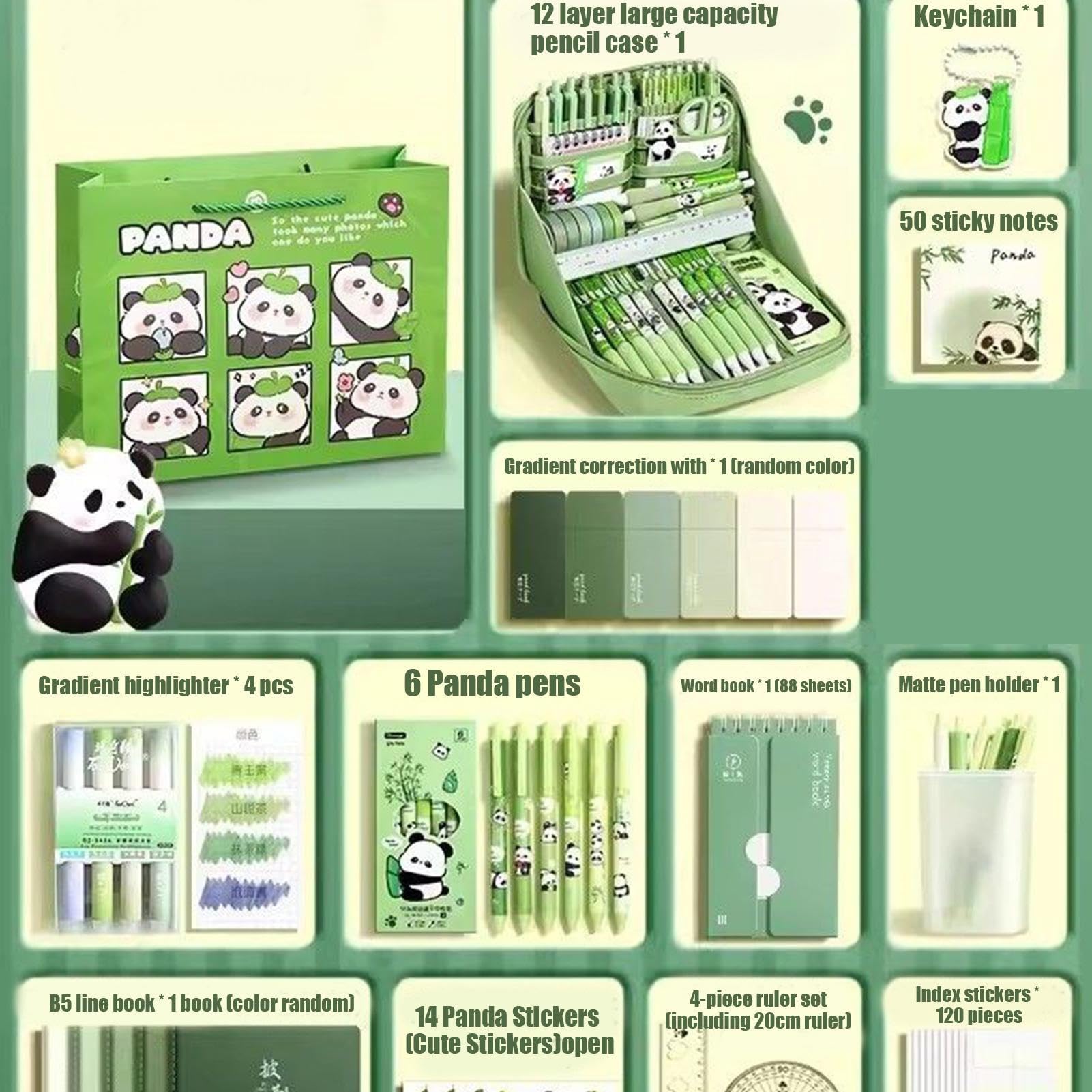 Panda Schulmaterial-Set - Schreibwaren-Set für Kinder | Hülle A, Notizbücher, Stifte, Aufkleber Und | Schulmaterialien Set - Back to Geschenk Für Mädchen