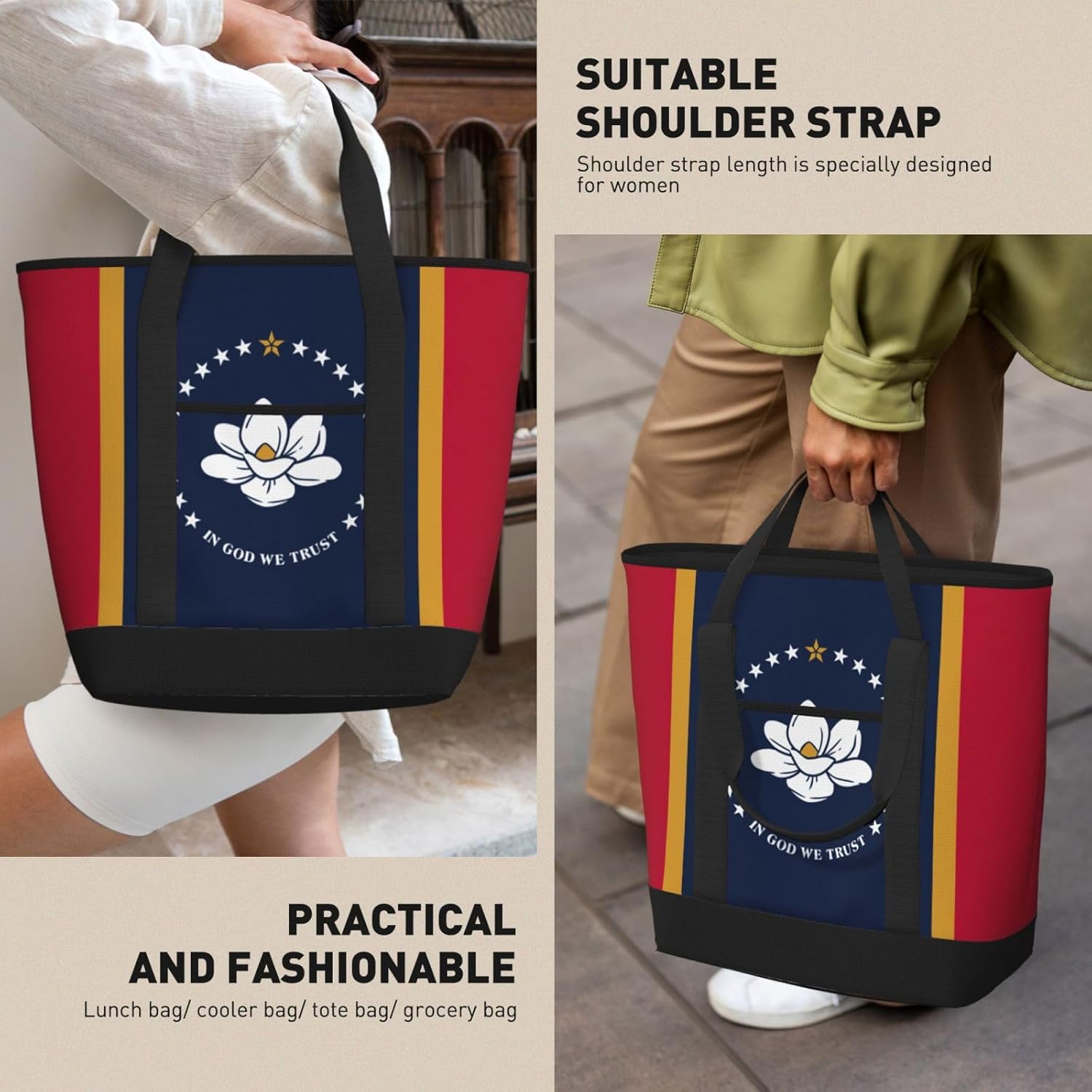Mississippi State Flag Print Large Cooler Bag Tote Bag,Reusable Grocery Bag,Lunch Box Bag, For Picnic Beach Camping