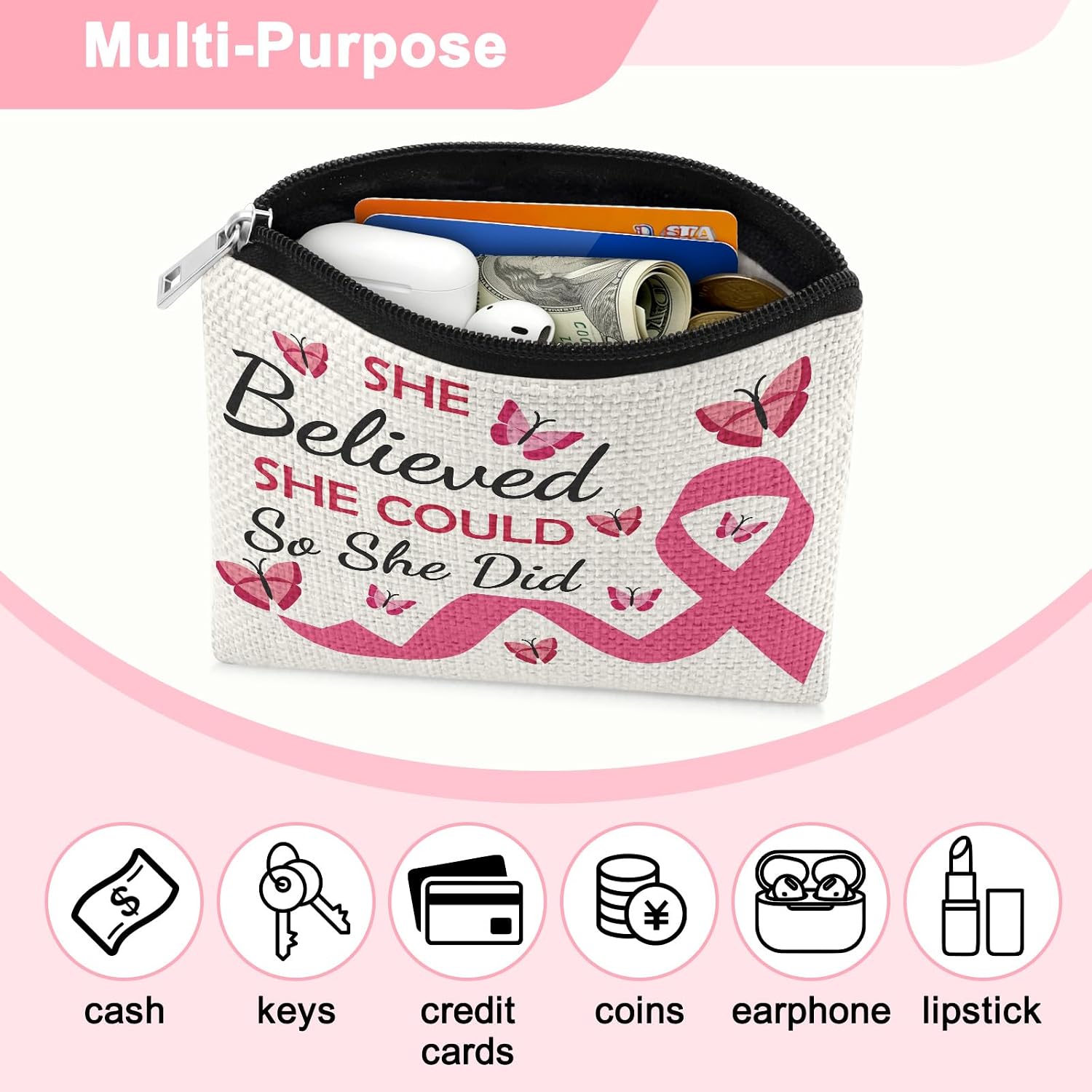 Breast Cancer Coin Wallet Pouch Inspirational Chemo Coin Purses Encouragement Gifts for Woman Breast Cancer Survivor Patients Friend Family Surgery Recovery Gifts for Women Wallet Bag with Zipper image 4