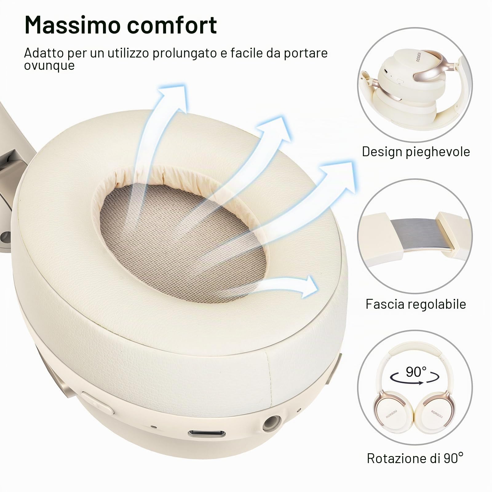 B8 Cuffie Bluetooth su orecchio, 6 EQ modalità musicale e cuffie basse basse profonde da 50 ore con microfono, leggero Stereo pieghevole HiFi beige bianco
