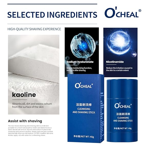 O'CHEAL 2-in-1 Cleansing & Shaving Cream Stick for Men, Moisturizing Softening Beard Shave Stick, Travel Size Vegan Cruelty Free Clean Formula Shaving Sticks, Great for All Skin Types