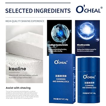O'CHEAL 2-in-1 Cleansing & Shaving Cream Stick for Men, Moisturizing Softening Beard Shave Stick, Travel Size Vegan Cruelty Free Clean Formula Shaving Sticks, Great for All Skin Types