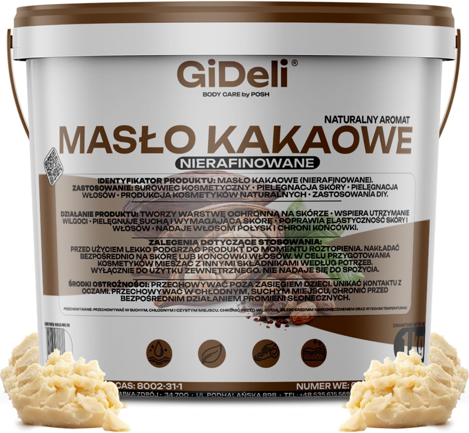 GiDeli Masło kakaowe 1 kg w wiaderku – tłuszcz kakaowy głęboko nawilżający i regenerujący – nierafinowane masło do pielęgnacji skóry i włosów – tłuszcz z ziaren kakaowych o działaniu ochronnym