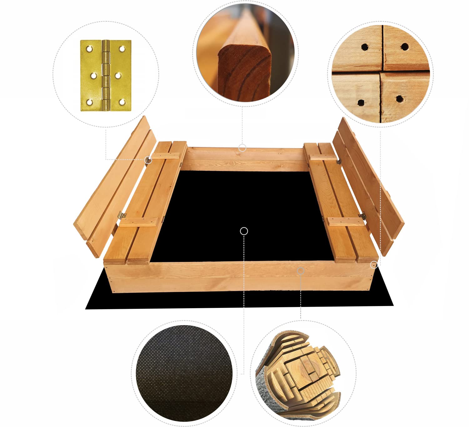Sandkasten aus Holz mit Dach GRAU & wetterfester Tarpaulin Abdeckung - Sandkiste 120 x 120 cm. mit UV 50 Sonnenschutz & Faltbare Bank - Sandkästen rechteckig überdacht für Kinder