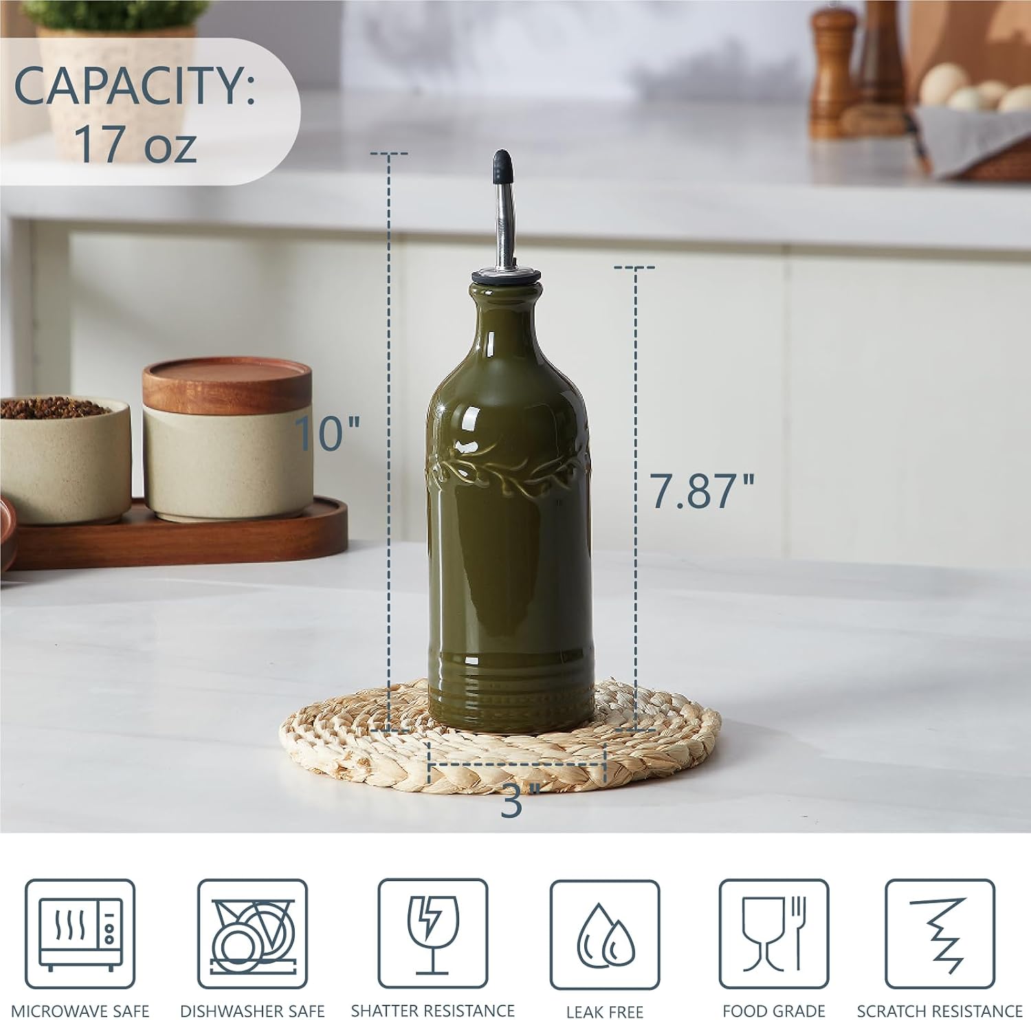 ONEMORE Ceramic Olive Oil Dispenser Bottle with Pour Spouts & Funnel, 17 oz Refillable Kitchen Oil Dispenser for Cooking, Drizzling, Dressing, Modern Leakproof Oil and Vinegar Dispenser, Olive Green