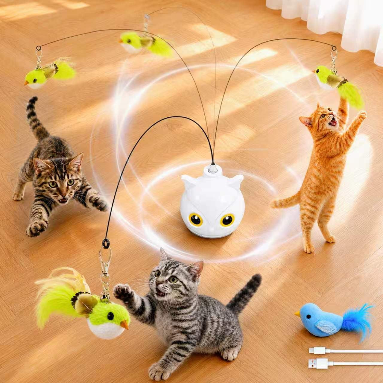 Jouets interactifs pour chats d'intérieur – Jouet automatique en plumes d'oiseau volant avec base d'aspiration adhésive, rechargeable par USB à 360 °, jouet auto-jeu pour chats ennuyeux