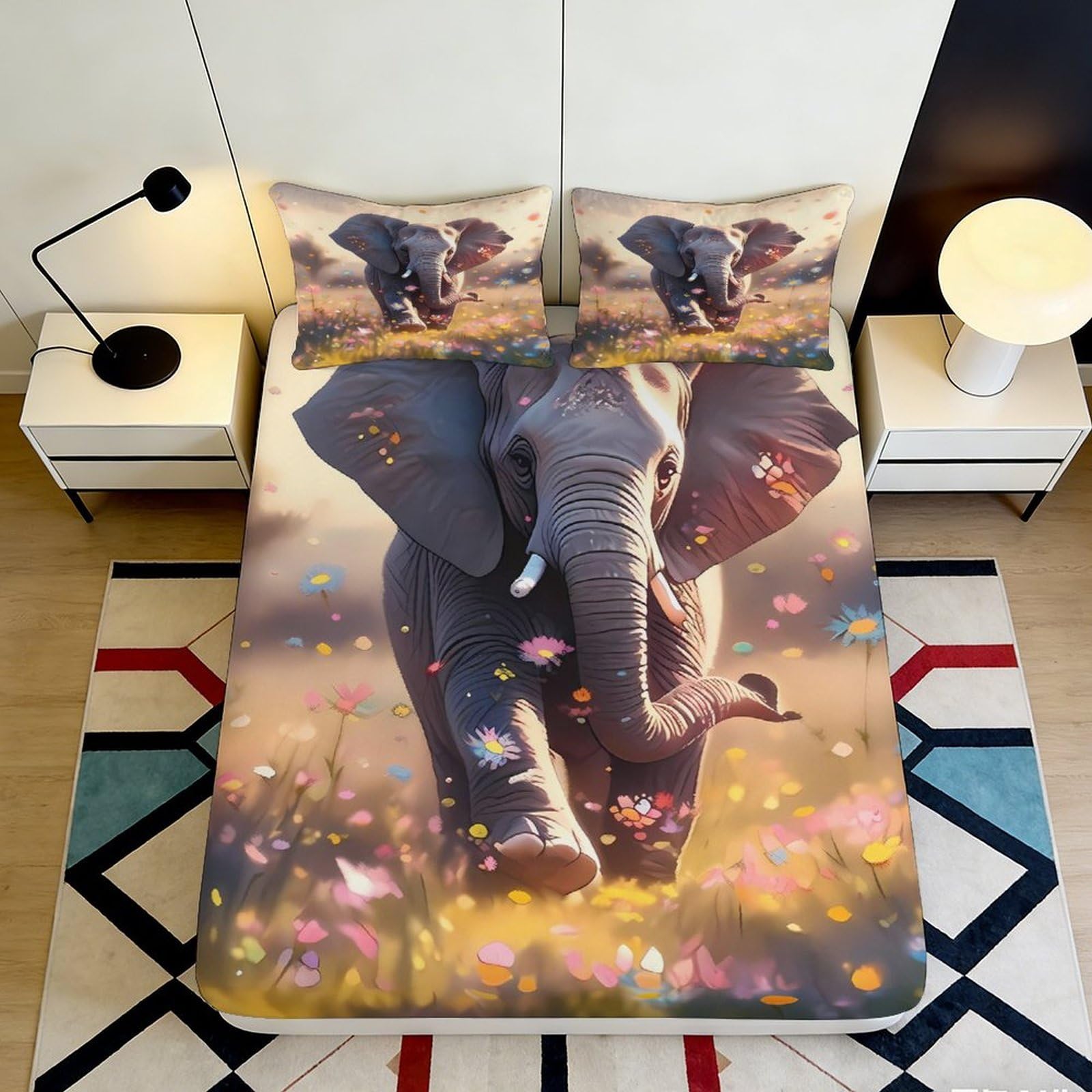 3D Printed Elephant Meadow Fitted Sheet Microfiber Soft Anti-Slip African Wildlife Bed Cover for Bedroom Dorm Decor 90x200x25cm