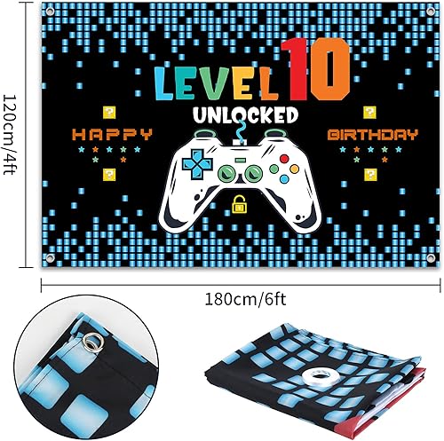 Miniatura 2 de HAMIGAR Telón de fondo Baner de feliz cumpleaños número 10 de 6 x 4 pies, decoraciones de cumpleaños desbloqueadas de nivel 10 para niños,