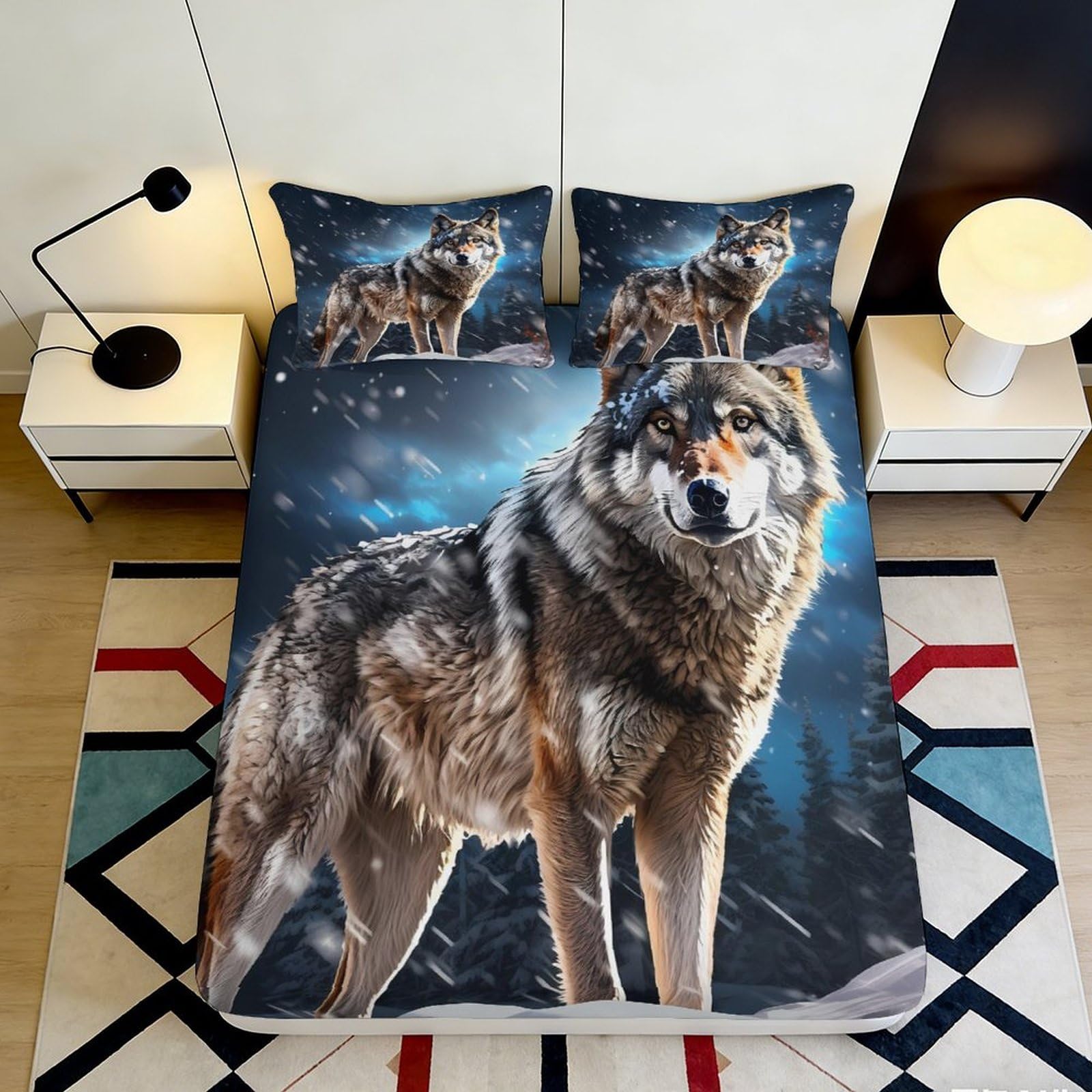 3D Printed Winter Wolf Fitted Sheet Microfiber Breathable Forest Bed Cover for Bedroom Guest Room Decor 90x200x25cm