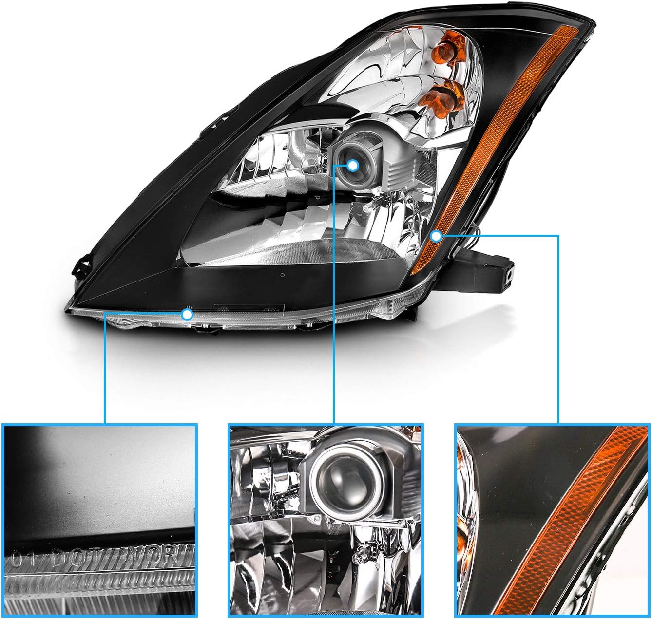 AmeriLite for 2003-2005 Nissan 350Z [Halogen Type] Black OE Replacement Projector Headlights Pair - Driver and Passenger Side