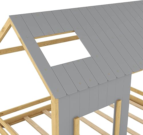 Miniatura 8 de Cama matrimonial para niños, cama Montessori de suelo con techo y ventana, marco de cama de plataforma completa de madera con rejillas, cama de casa