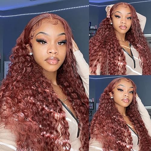 Miniatura 9 de Siyun Show Pelucas de cabello humano con encaje frontal de 13 x 4, color marrón rojizo y ondulado profundo, para mujeres negras, predepiladas, 26