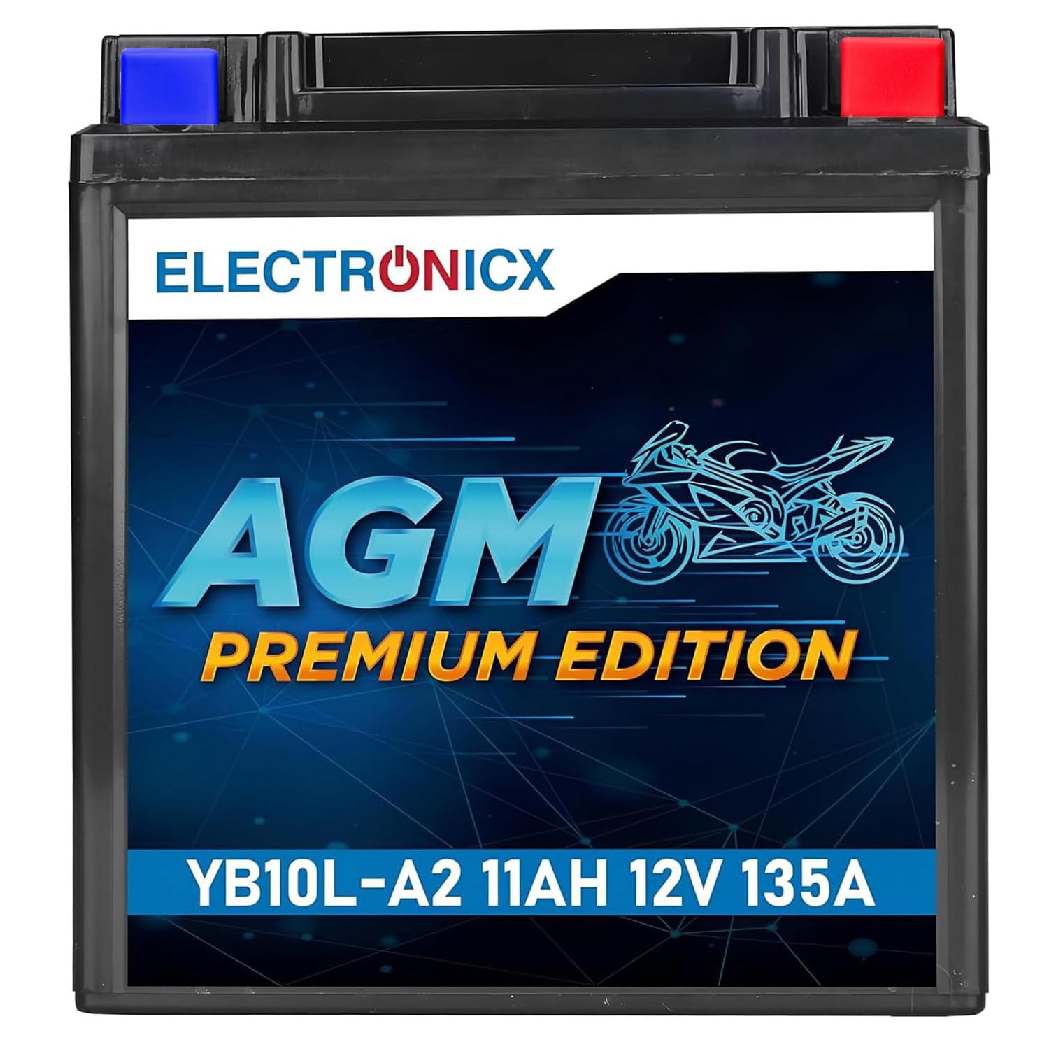 Electronicx batería de moto AGM YB10L-A2 12V 11Ah – batería de arranque sellada sin mantenimiento, tecnología AGM 135A CCA – scooter, quad, ATV – compacta, resistente a vibraciones, lista para usar
