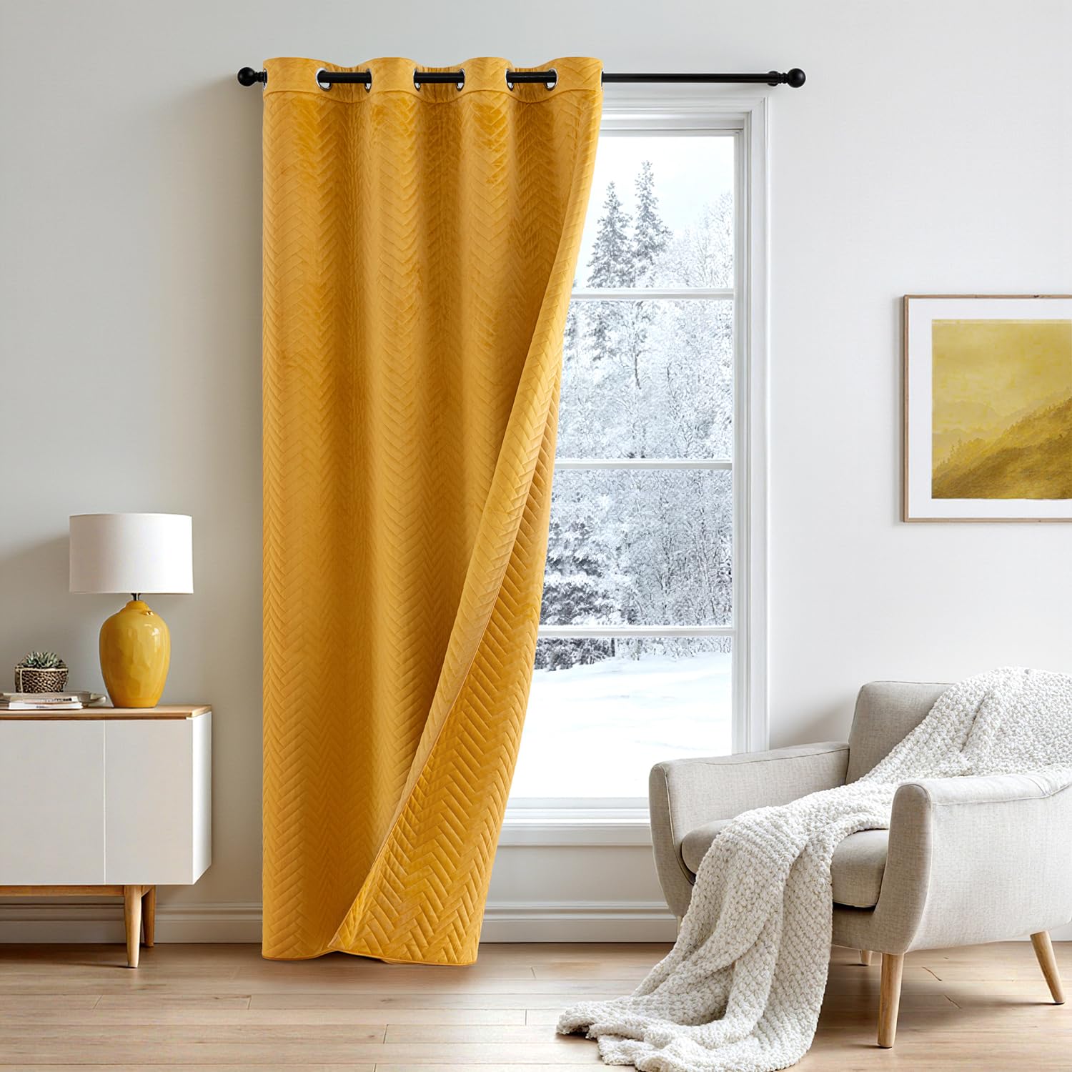 MIULEE Cortina Térmica Aislante Frío y Calor de Terciopelo Doble Cara, Opaca y Acolchada con Ojales, Ahorro Energía, 1 Panel para Salón, Dormitorio, 132x200 CM (An x Al), Amarillo Mostaza