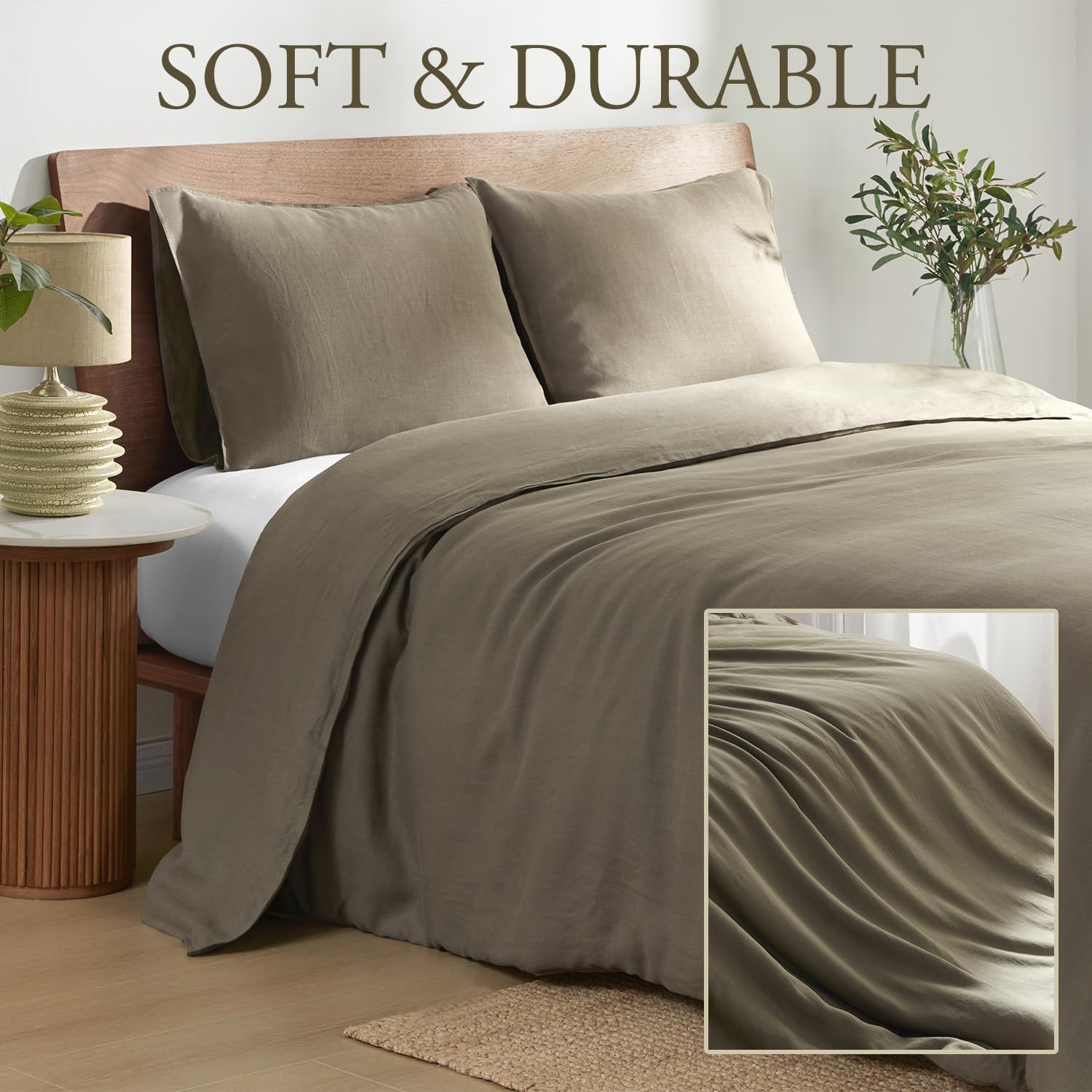 DAPU 100% Linen Duvet Cover Set - Pure Natural French Flax Linen with Corner Ties and Zipper Closure Soft Breathable Durable for Hot Sleepers 1 Duvet Cover 2 Pillowcases (Forest Green, King)