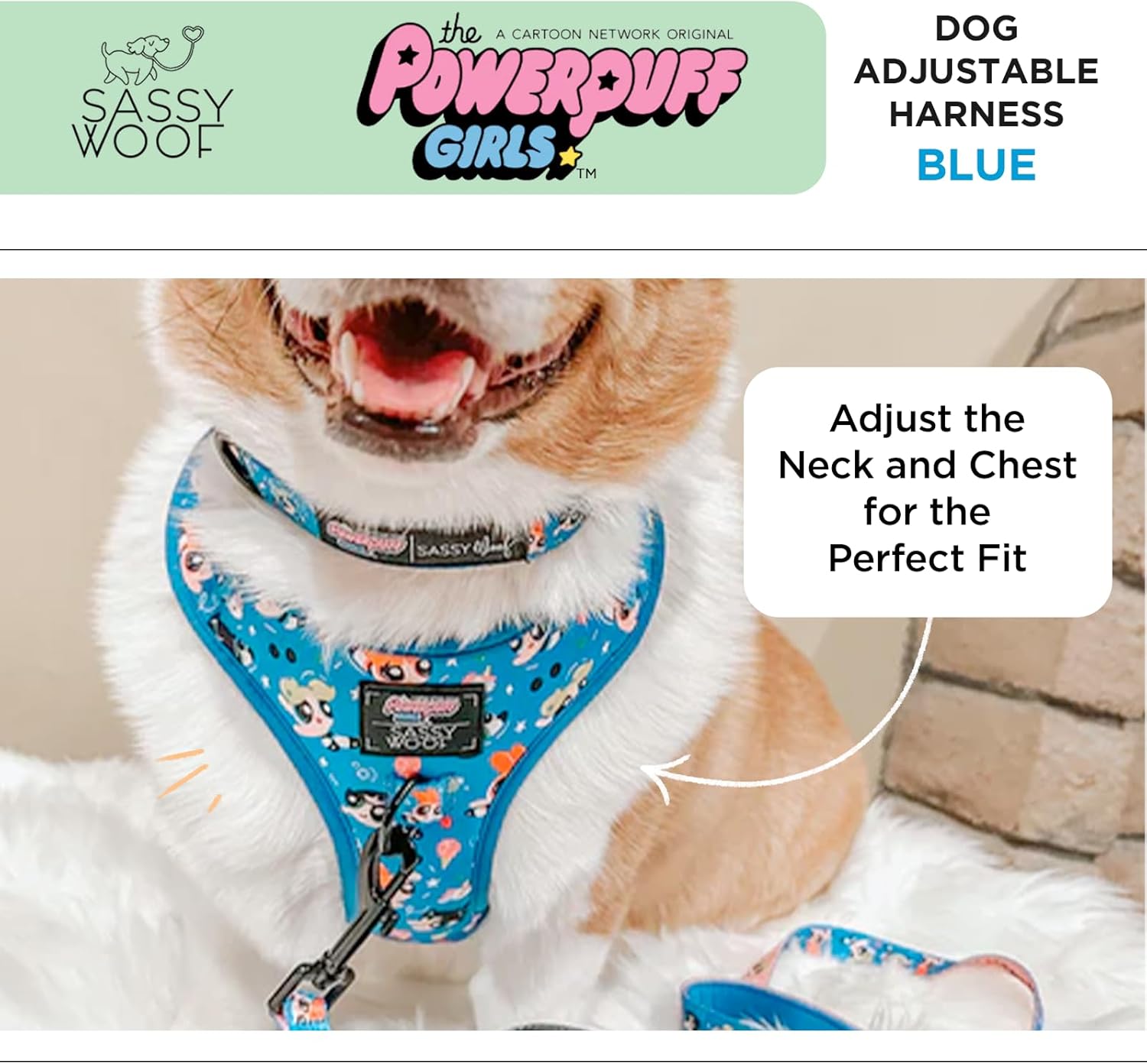 Sassy Woof Dog Adjustable Harness - The Powerpuff Girls™ (Blue) - XS, Breathable Mesh, No Pull Design with Two D-Rings, Patented Design, Perfect for Small Dogs and Puppies - Officially Licensed