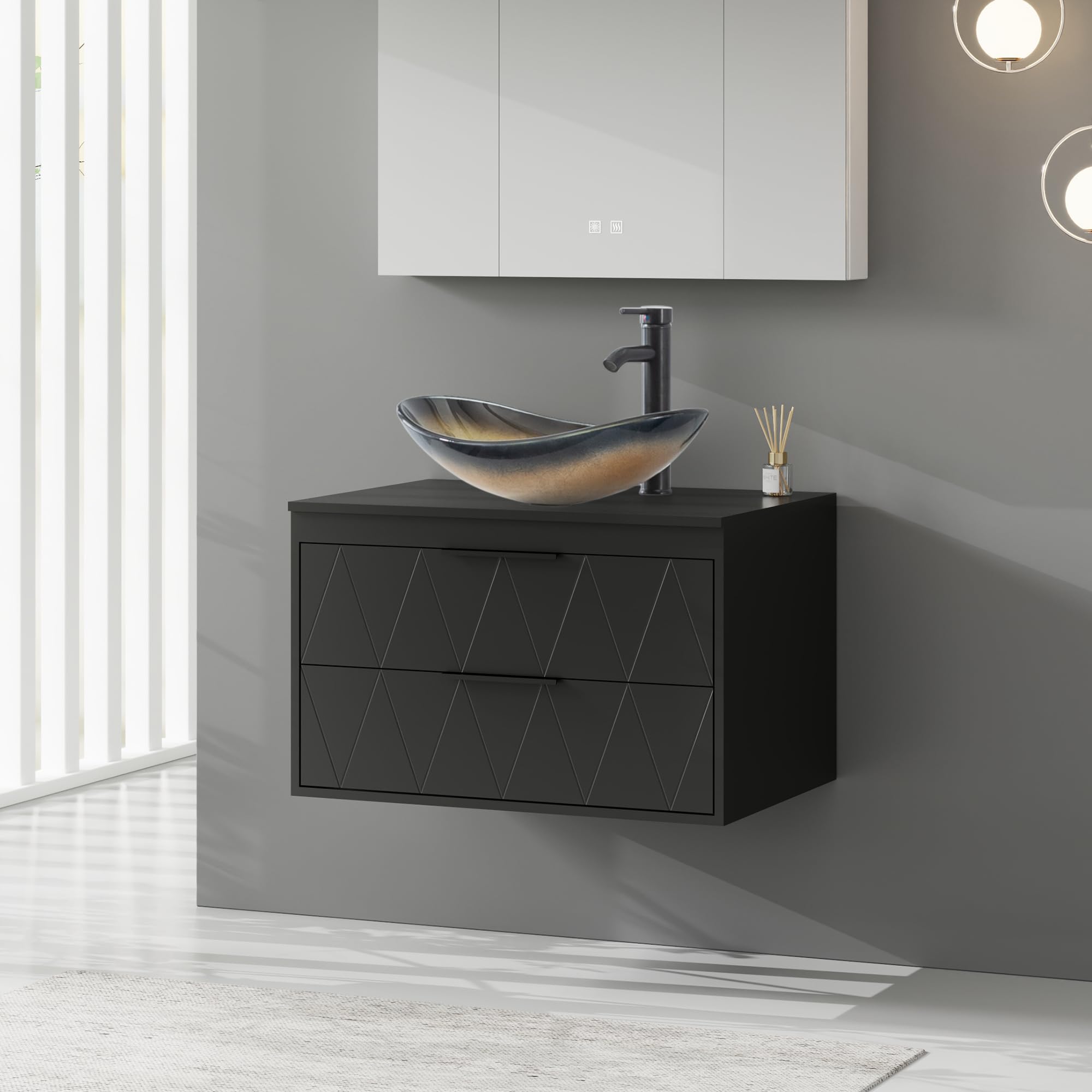 eclife 30" Floating Bathroom Vanities with Sink Combo, Wall Mounted Modern Cabinet W/Diamond Line Pattern Design, Champagne Boat Glass Vessel Sink W/