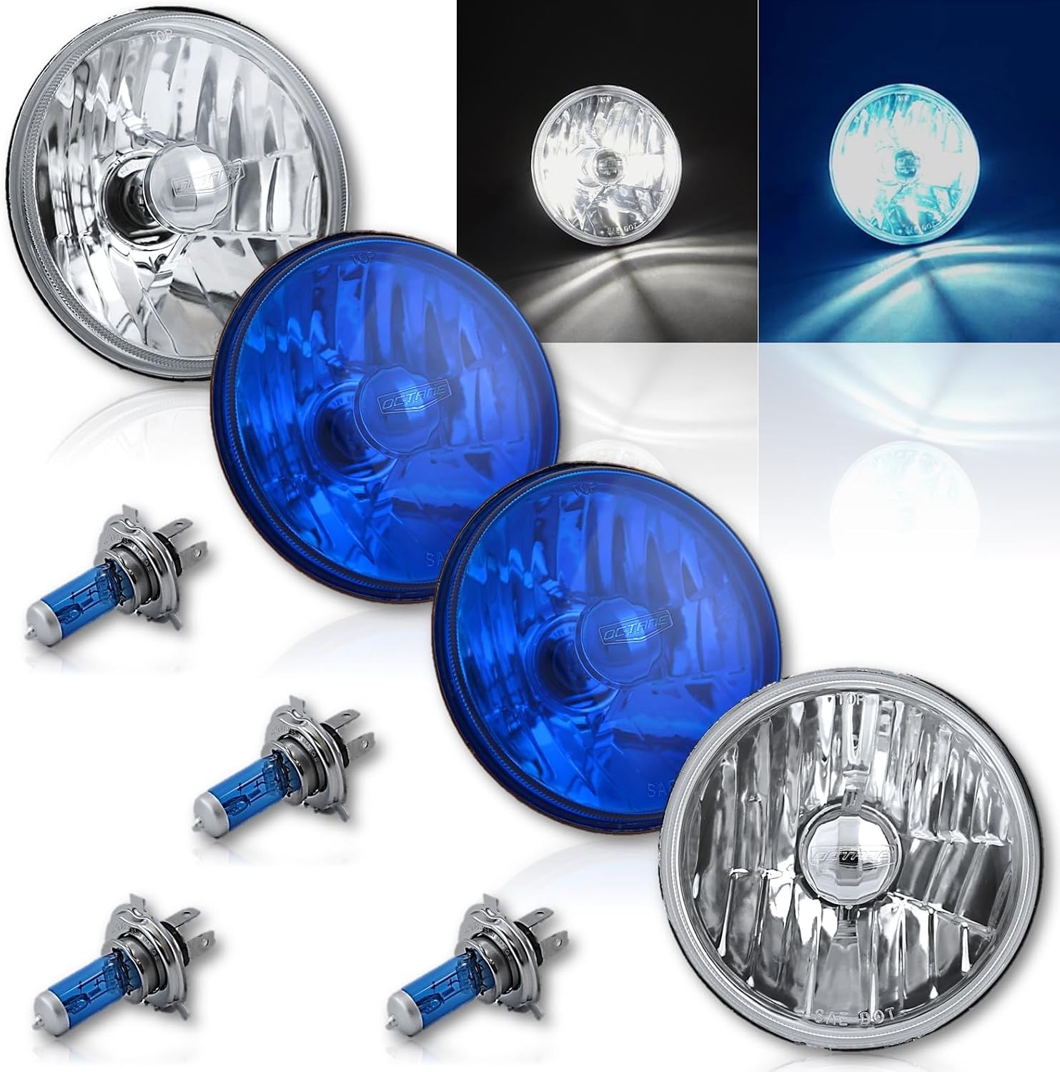 Octane Lighting 5-3/4" Halogen Diamond Crystal Clear Blue Headlight Headlamp 60/55W H4 Bulbs Set