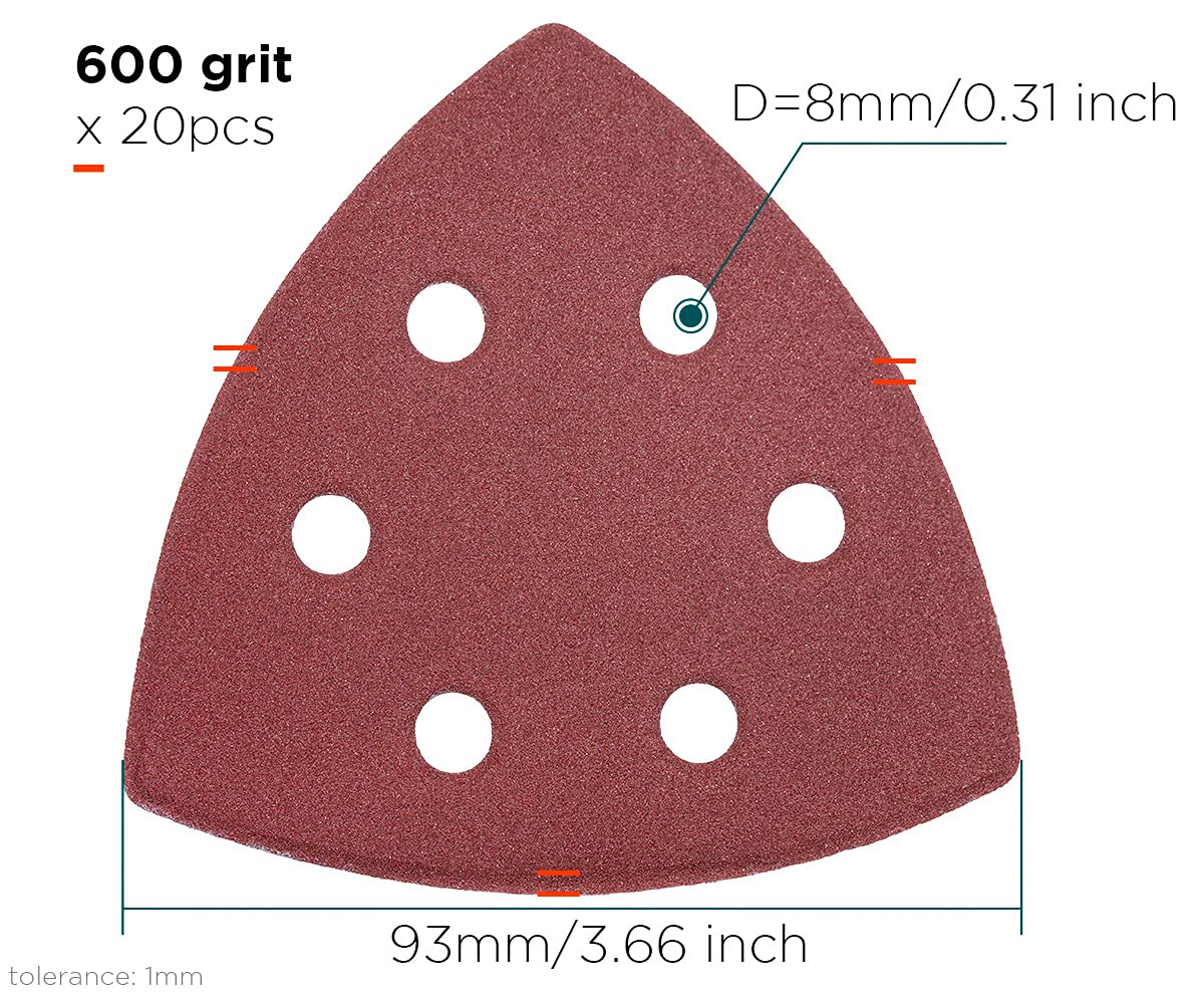 YoiYee 800 Grit Delta Sanding Sheet, Hook and Loop Triangle Sandpaper Pad, Sand Paper Disk, 6 Holes, 93 x 93 x 93mm, 20 Pack - Image 2