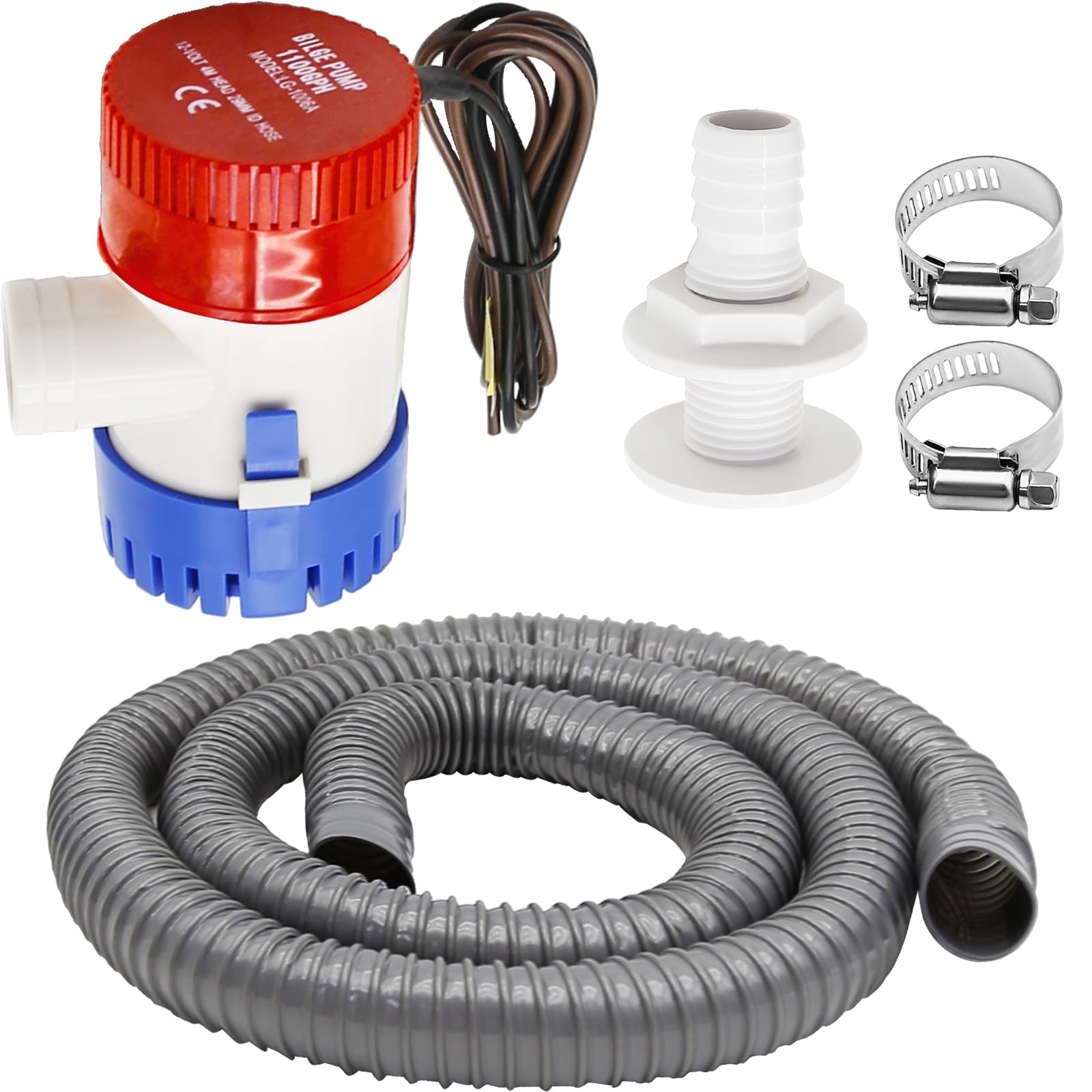 Bomba de Achique Agua, Bomba de Agua de Sentina Sumergible para Barco, Kit de Fontanería, Bomba de Sentina de PVC, Manguera de 12 V, 2 Abrazaderas de Manguera a través del Casco