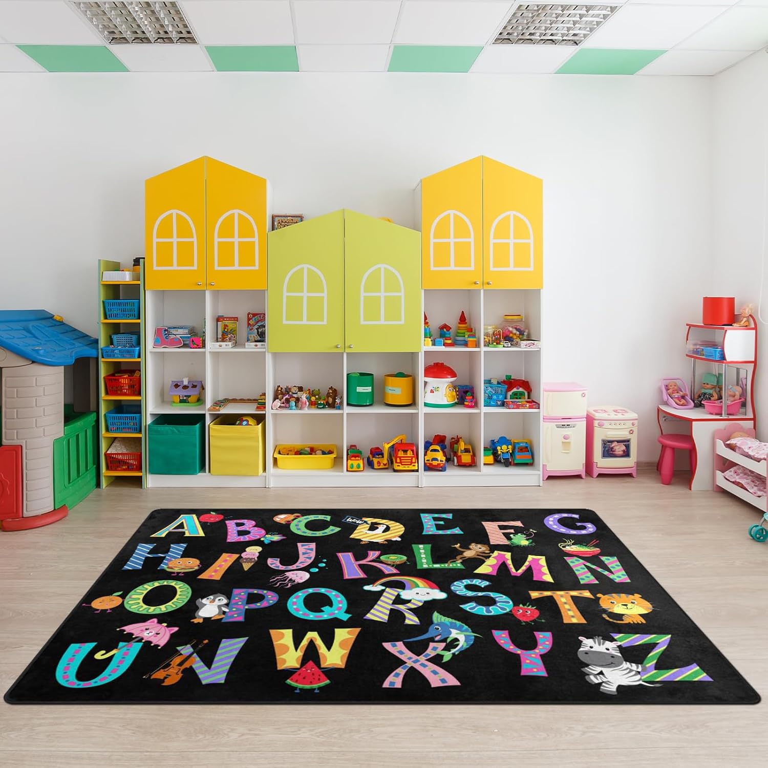 ABC Alphabet Rug, Classroom Playmat Rugs - 6x9 Ft Kids Carpet with Rubber Backing, Colorful Cartoon Letters Kids Play Mat Nursery Rugs for Toddlers Children Bedroom Playroom - Black 6' x 9' (Rectangular) Alphabet
