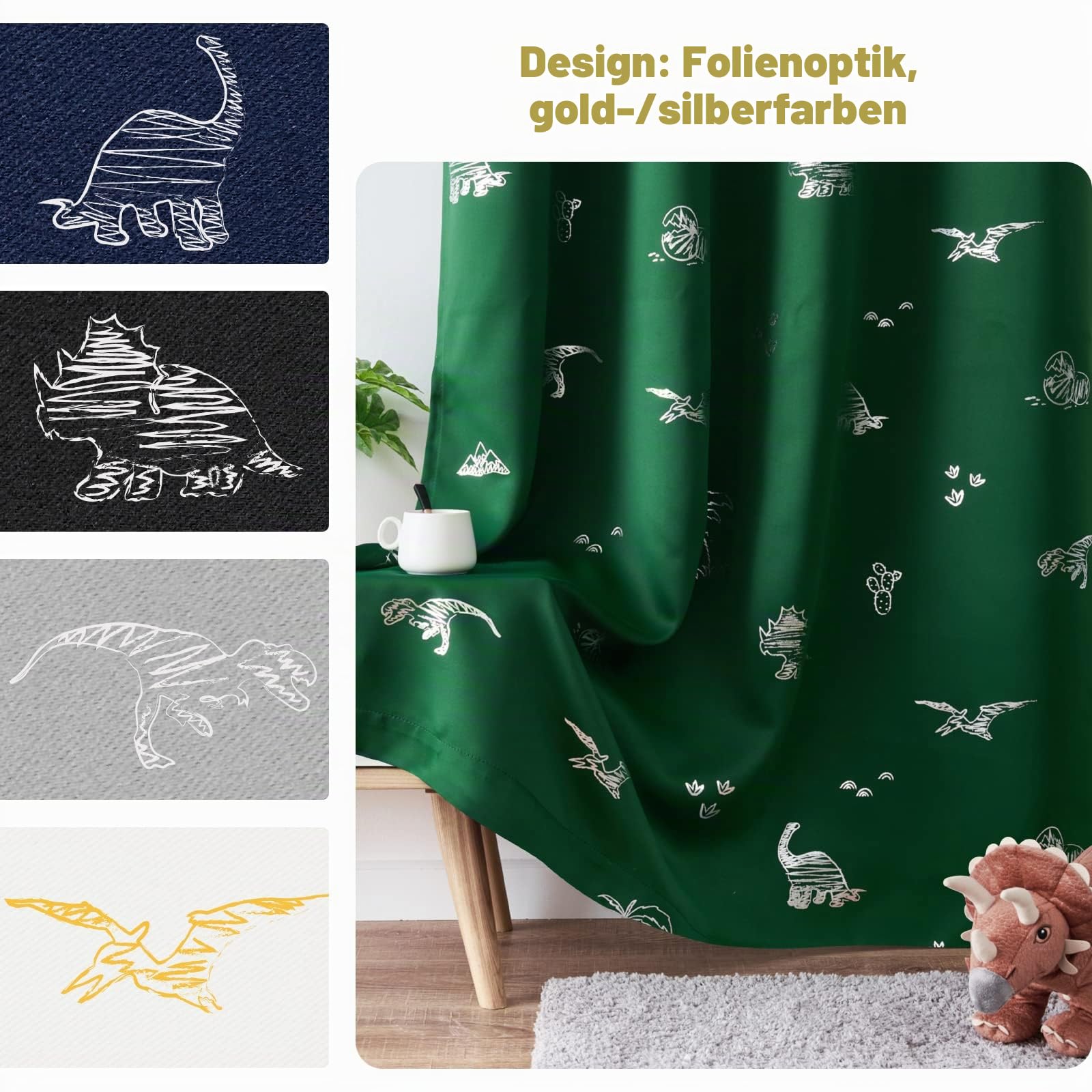 Vangao Kinder-Vorhänge, grün, verdunkelnd, Dinosaurier-Vorhänge für Jungen, Kinderzimmer, Mädchenzimmer, silberfarbener Dino-Foliendruck, wärmeisoliert, Ösen, Fensterbehandlungen, 160 cm Länge, 2