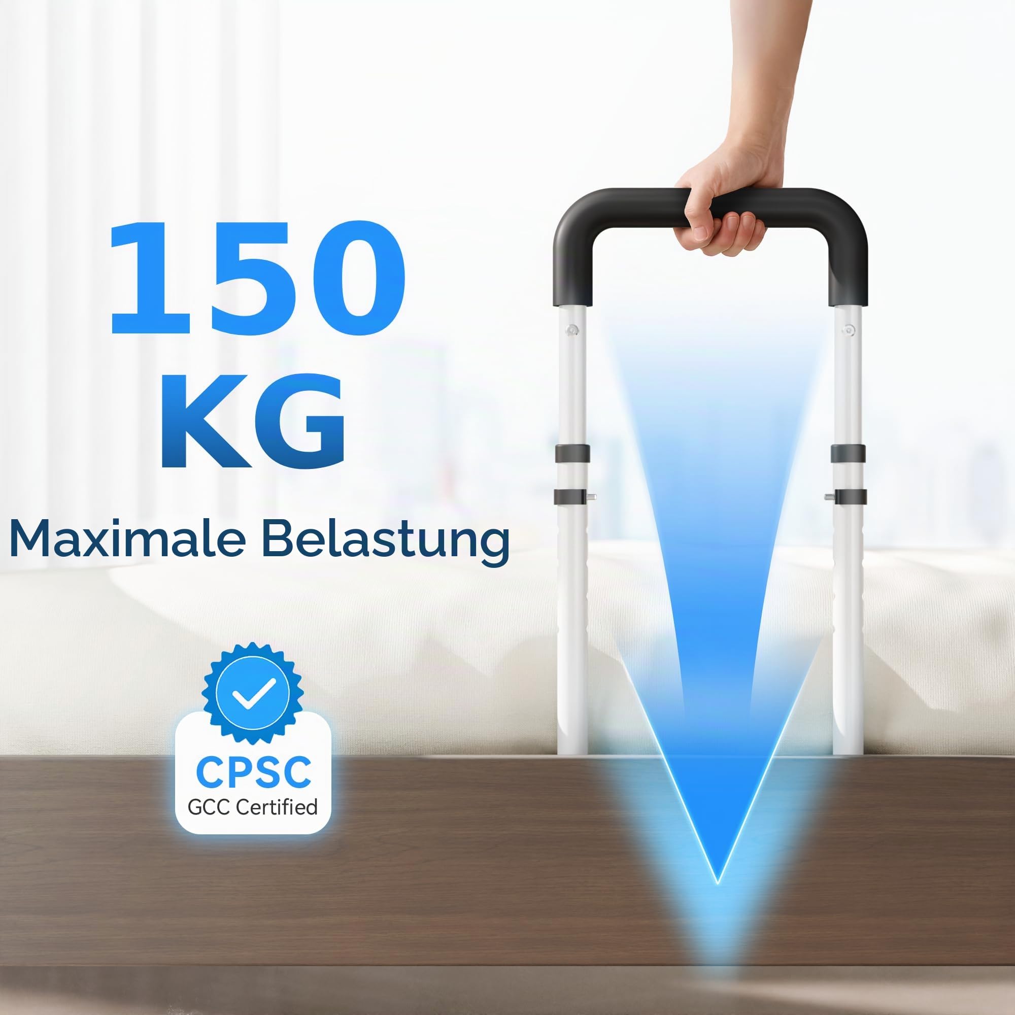 Bettgitter für Erwachsene, höhenverstellbar, Flachrohr-Design, mit Aufbewahrungstasche und rutschfestem Griff, Bettstütze zum sicheren EIN- und Aussteigen, belastbar bis 136 kg