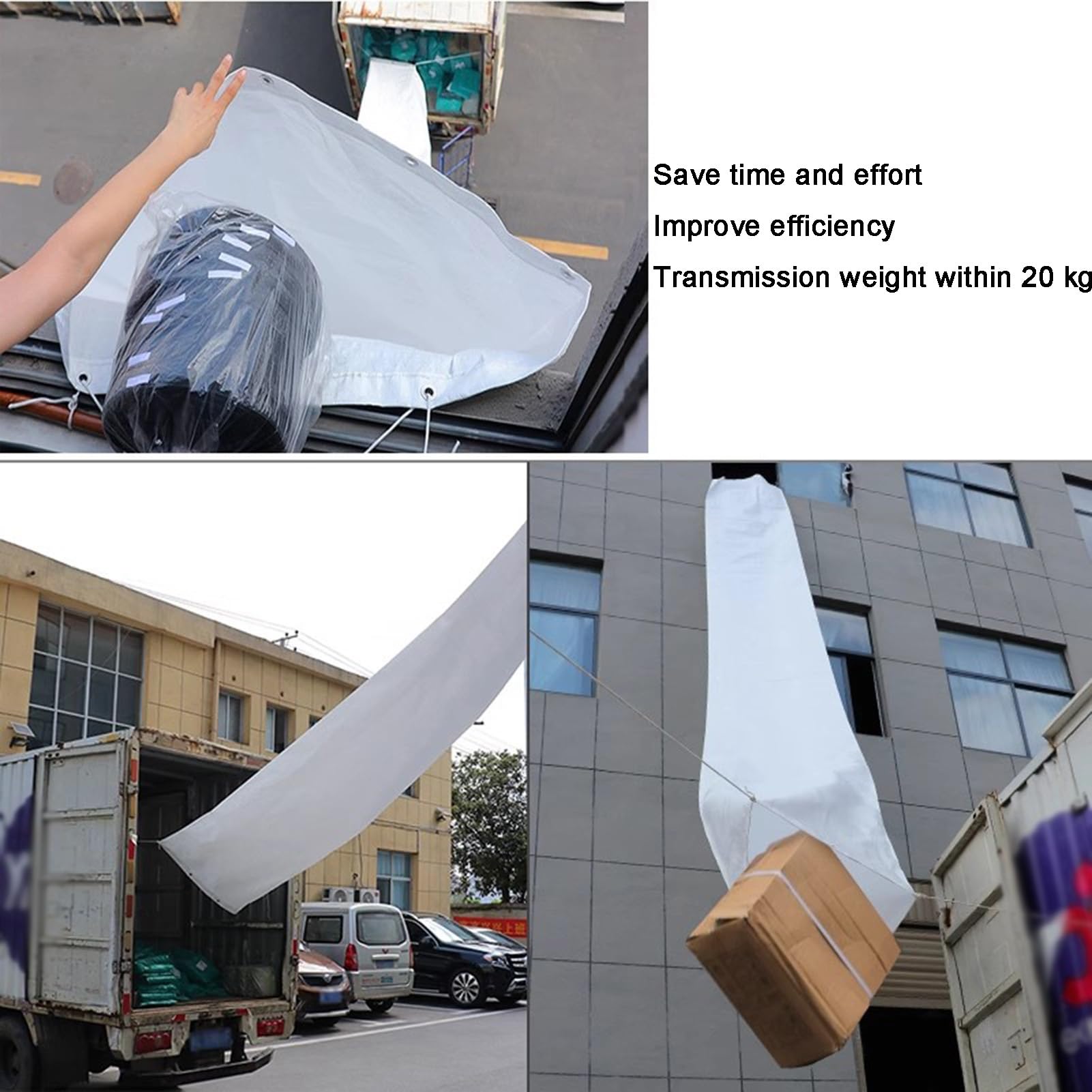 Hochliegende Müllrutschen für Baustellen, C-förmige Förderschienen mit Planenbändern für die Be- und Entladung in Lagerhallen – effiziente Lösungen für den Materialtransport.