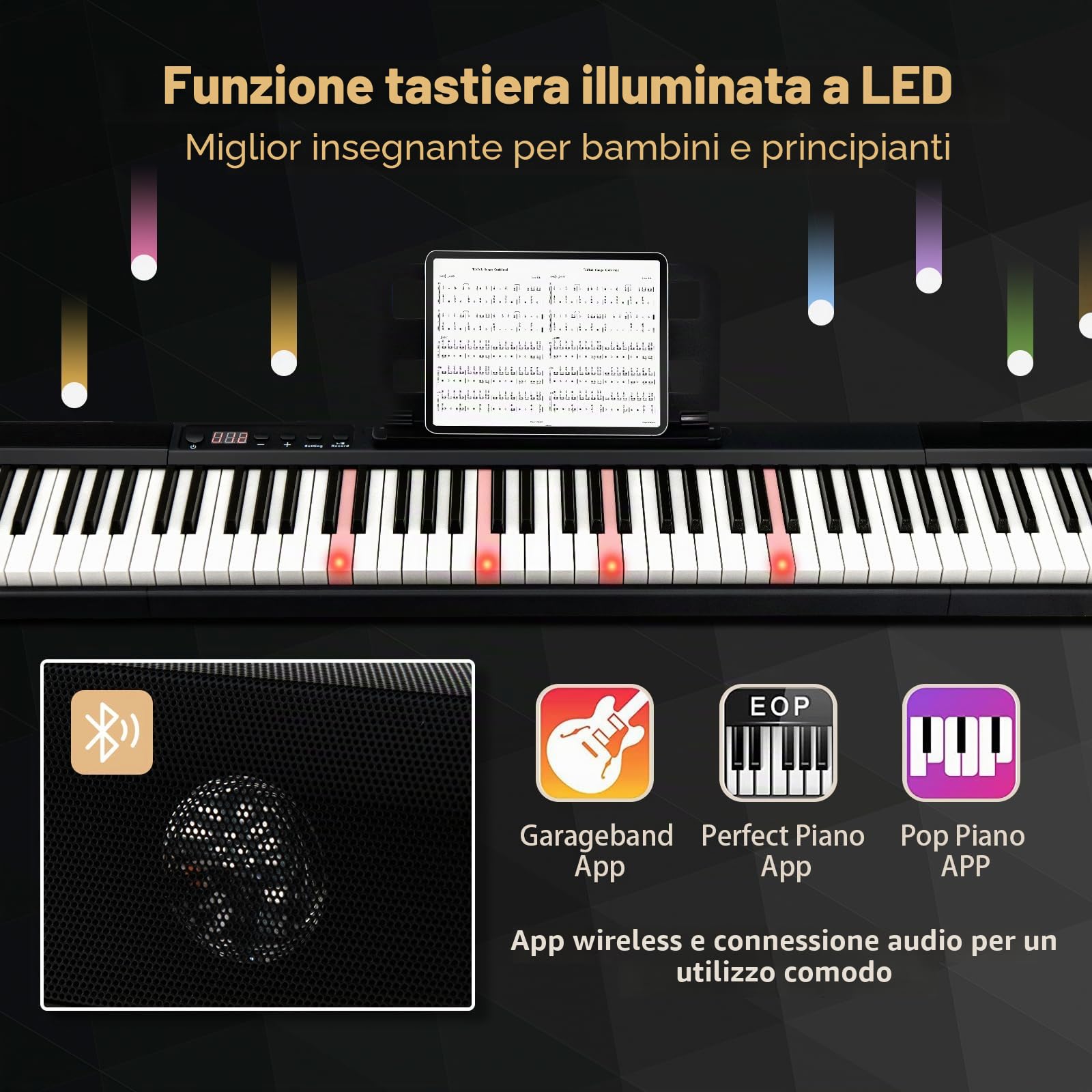 KOMFOTTEU Pianoforte Digitale 88 Tasti, 1000 Suoni e Ritmi, 20 Canzoni Demo, Tastiera Semi-ponderata, Pianoforte Elettronico con Illuminazione a LED Tastiera, Borsa di Conservazione, USB/Bluetooth
