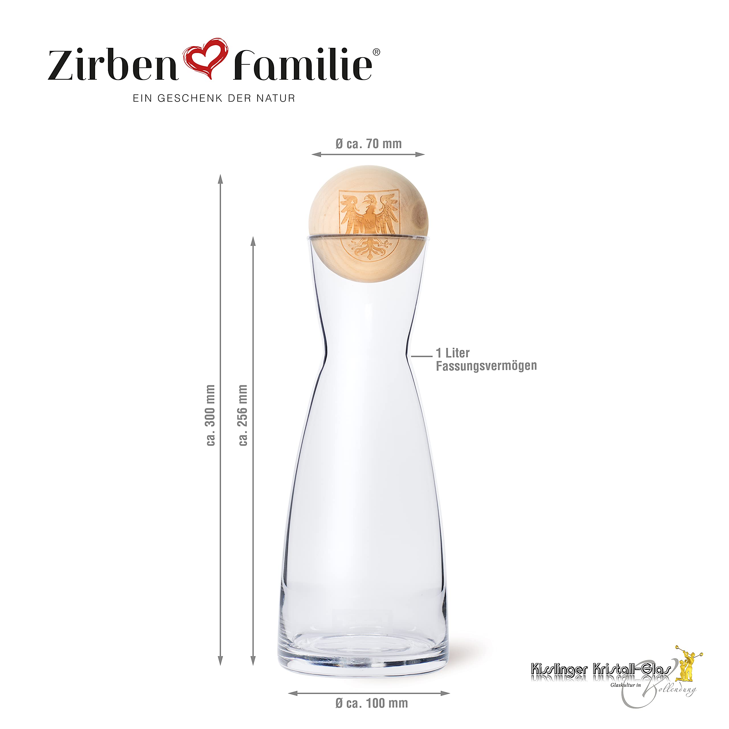 Zirben Familie® Il set originale di palline di pino cembro con caraffa per acqua | dona all'acqua un tocco speciale | 1 litro di caraffa in vetro di cristallo con coperchio in legno di cembro |