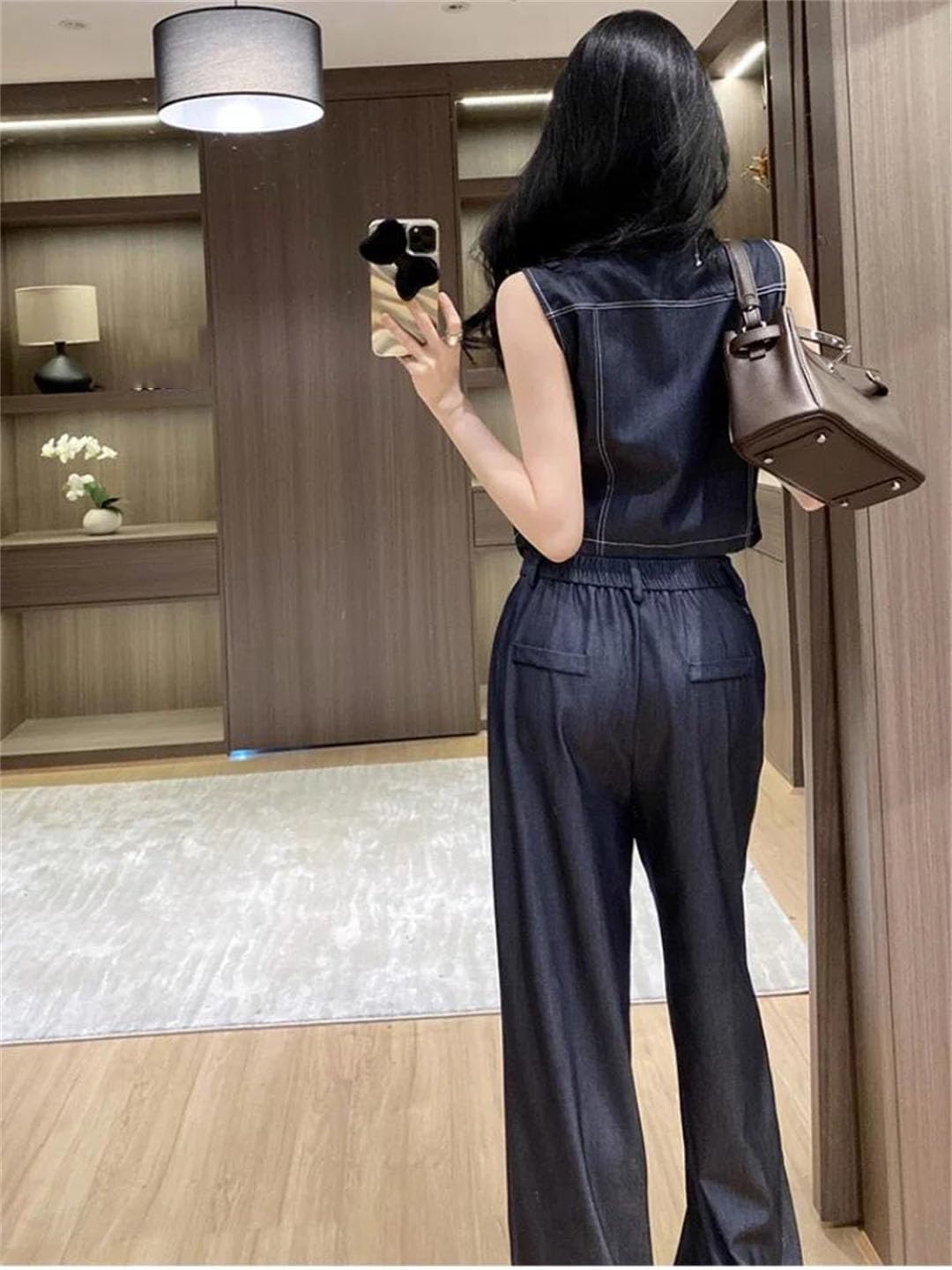 Women's Denim Two Piece Set Vest Top Wide Leg Pants Minimal Elegant Outfit